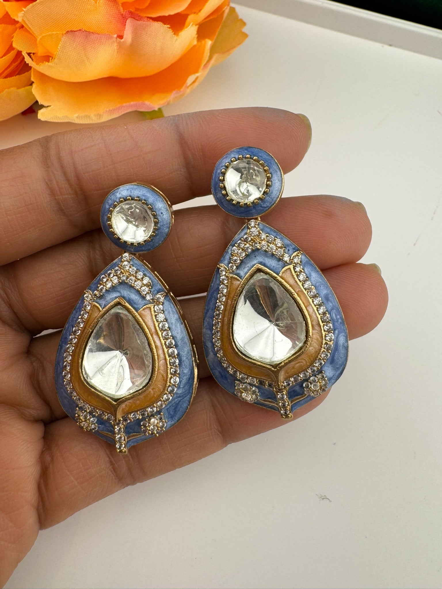 Premium uncut kundan and Cubic Zirconia with Italian Minakari is a designer dangle earrings/Indian earring/Bridal Jewelry/Designer Inspired