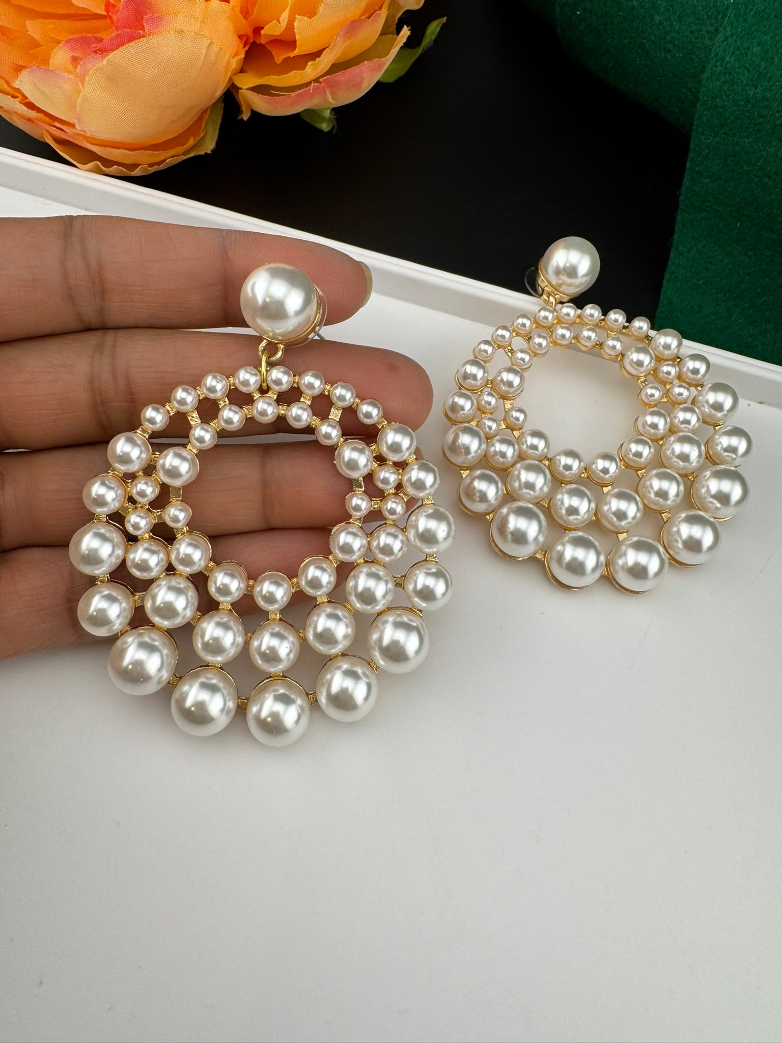 Premium Matt Gold and Pearls in unique circle big chandbali design/Statement earrings/Oversized Dangle Earring/everyday jewelry/party hoop