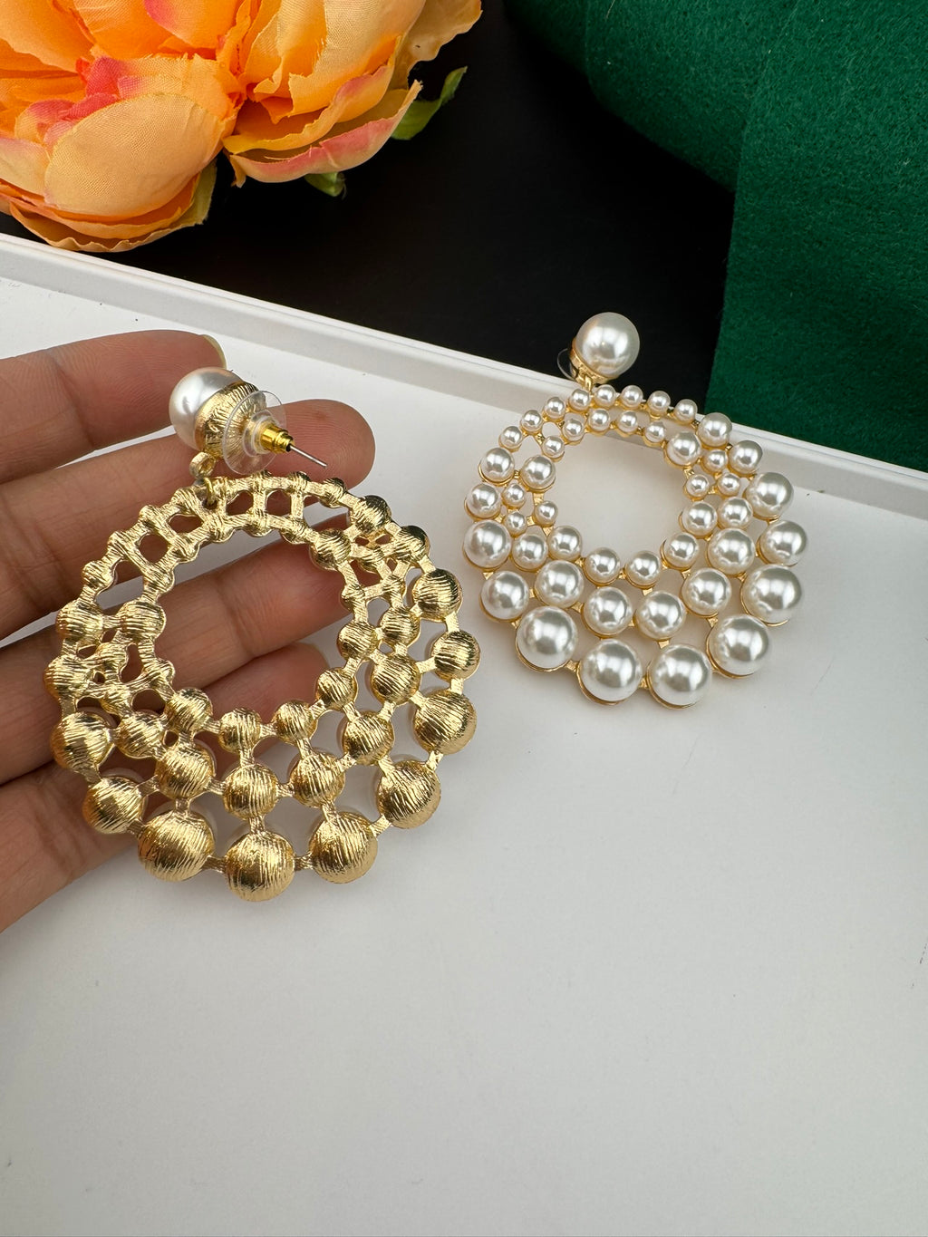 Premium Matt Gold and Pearls in unique circle big chandbali design/Statement earrings/Oversized Dangle Earring/everyday jewelry/party hoop