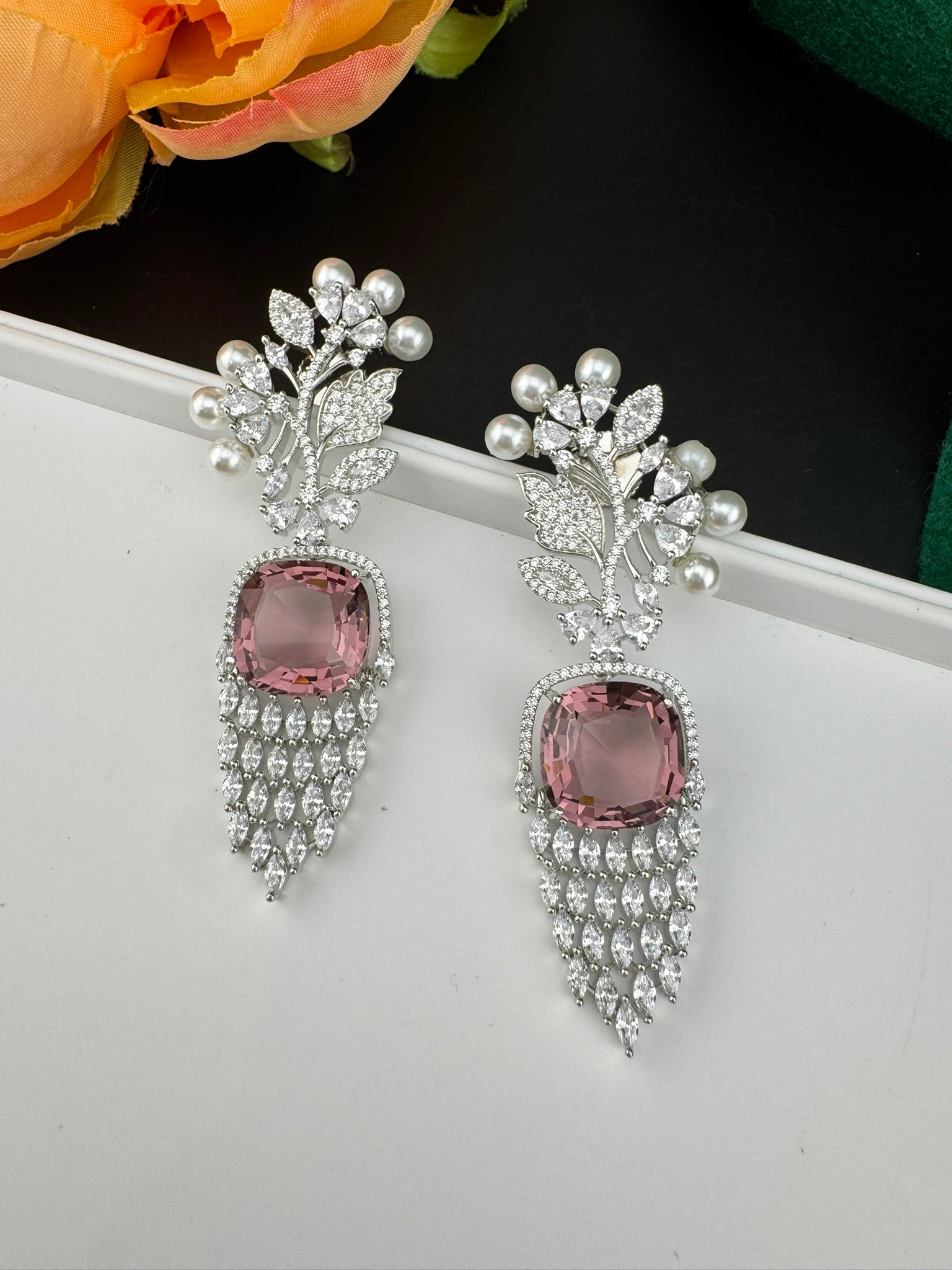 Premium Nano Setting Cubic Zirconia with Pearls is designer Inspired Statement Drop Dangle Long earring