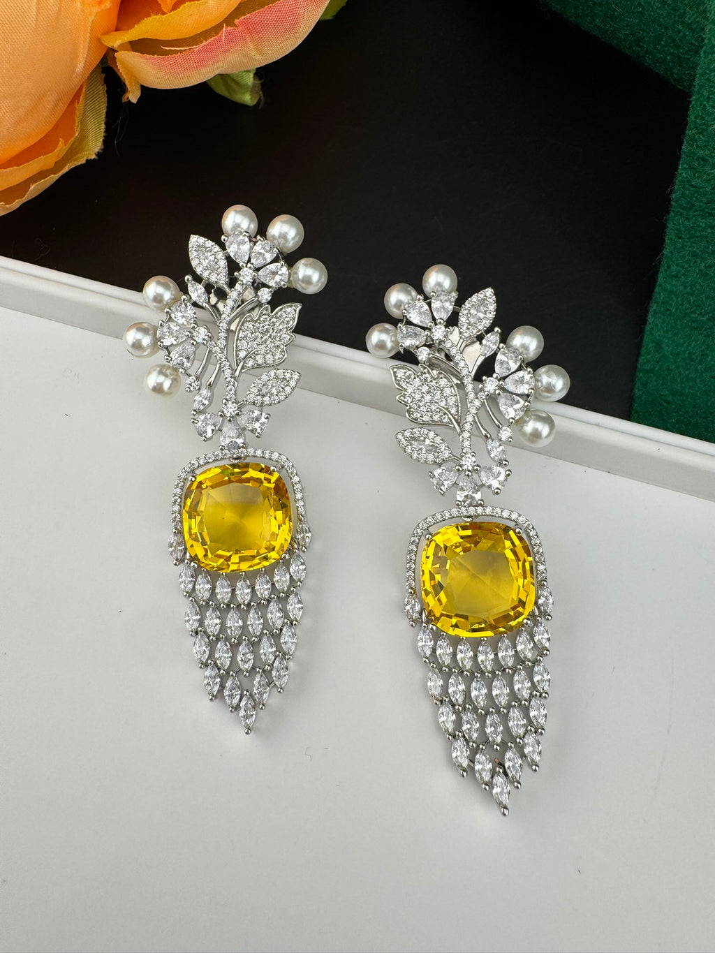 Premium Nano Setting Cubic Zirconia with Pearls is designer Inspired Statement Drop Dangle Long earring