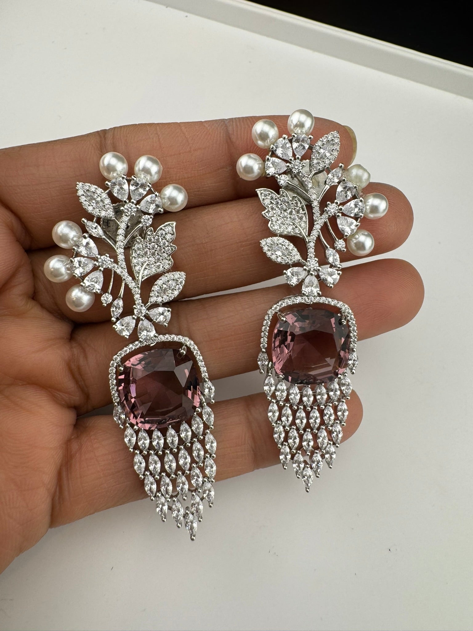 Premium Nano Setting Cubic Zirconia with Pearls is designer Inspired Statement Drop Dangle Long earring