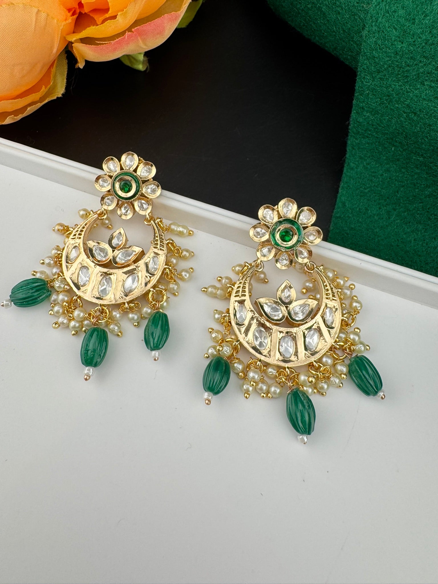 High Quality Premium Moissanite Kundan with natural stones, Pearls Tyaani inspired designer earrings/Chandelier earring/Chand Bali Earrings