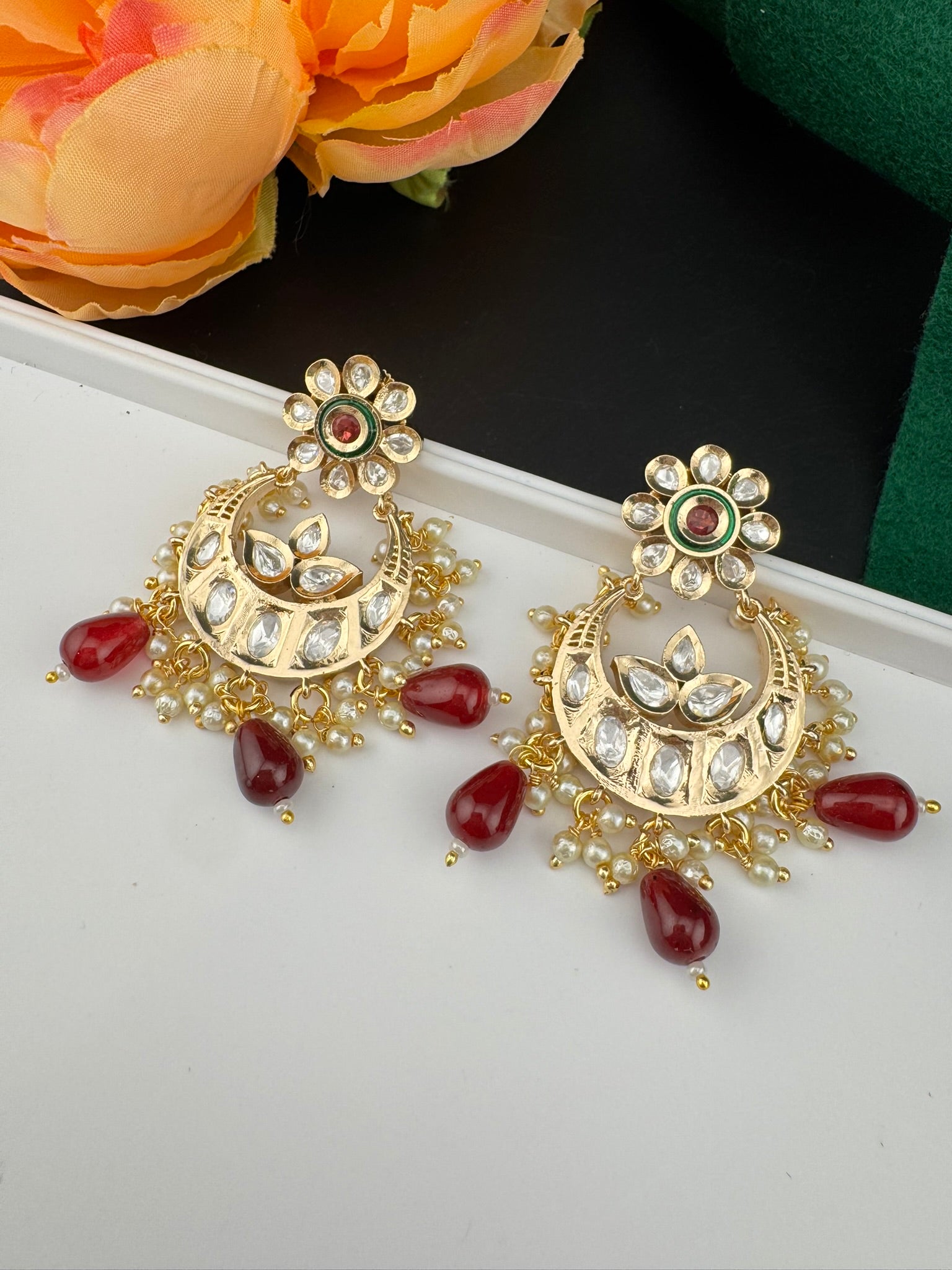 High Quality Premium Moissanite Kundan with natural stones, Pearls Tyaani inspired designer earrings/Chandelier earring/Chand Bali Earrings