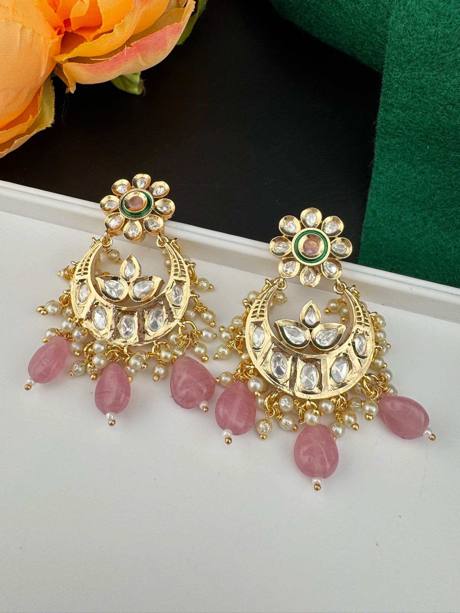 High Quality Premium Moissanite Kundan with natural stones, Pearls Tyaani inspired designer earrings/Chandelier earring/Chand Bali Earrings