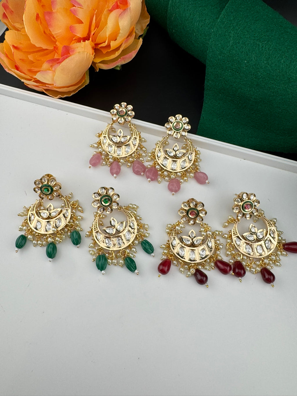 High Quality Premium Moissanite Kundan with natural stones, Pearls Tyaani inspired designer earrings/Chandelier earring/Chand Bali Earrings