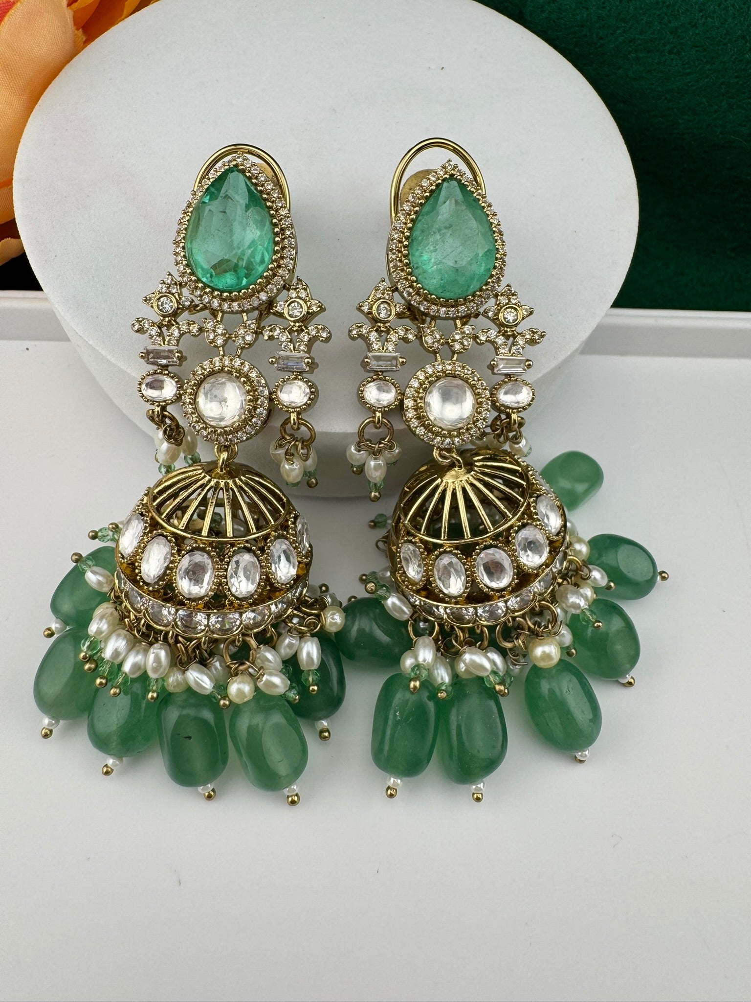 Premium Quality Kundan, Doublet stones and pearls in Matt Gold is Amrapali inspired designer Long Jhumka earrings/Indian earring/Bridal