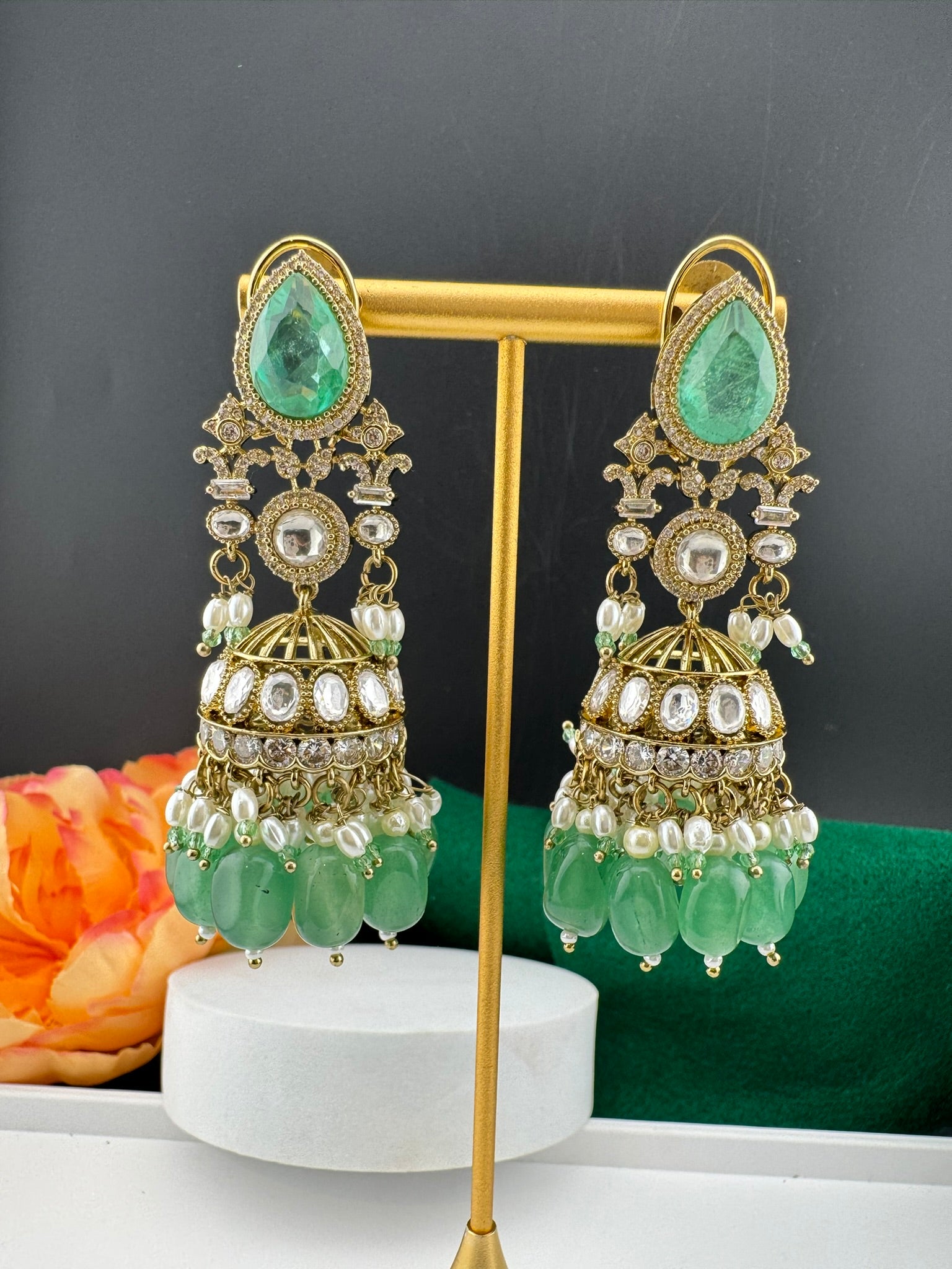 Premium Quality Kundan, Doublet stones and pearls in Matt Gold is Amrapali inspired designer Long Jhumka earrings/Indian earring/Bridal