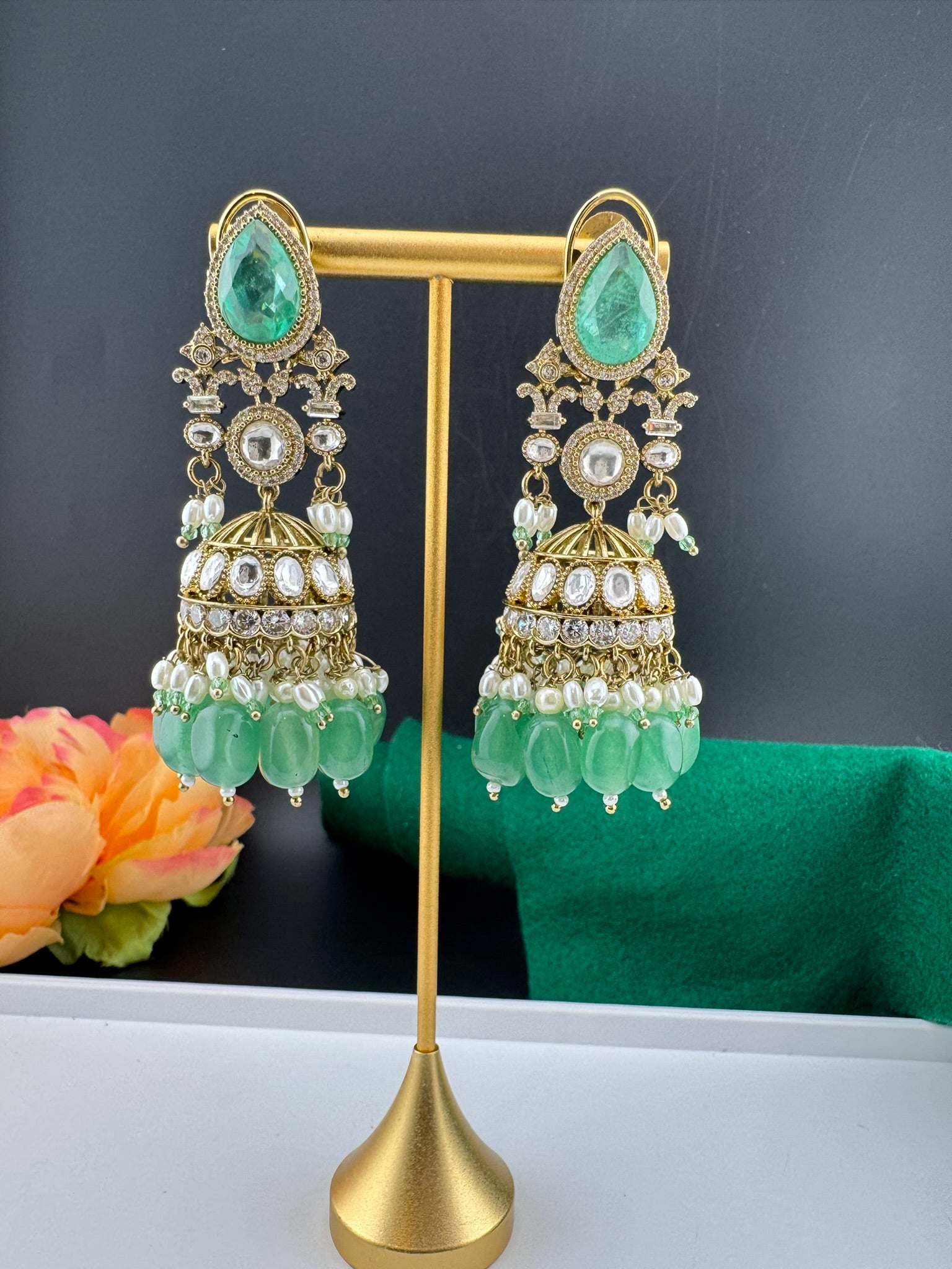 Premium Quality Kundan, Doublet stones and pearls in Matt Gold is Amrapali inspired designer Long Jhumka earrings/Indian earring/Bridal
