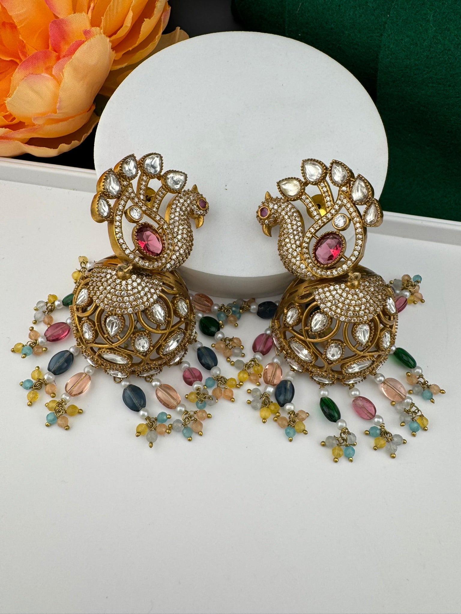 Premium Quality multicolor stones and pearls oversized in Matt Gold is Amrapali inspired designer Jhumka earrings/Indian earring/Bridal