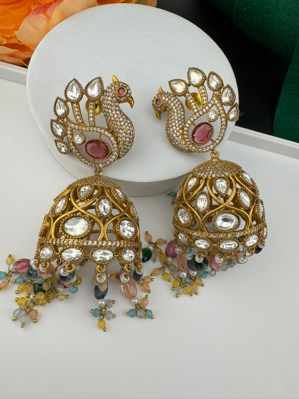 Premium Quality multicolor stones and pearls oversized in Matt Gold is Amrapali inspired designer Jhumka earrings/Indian earring/Bridal