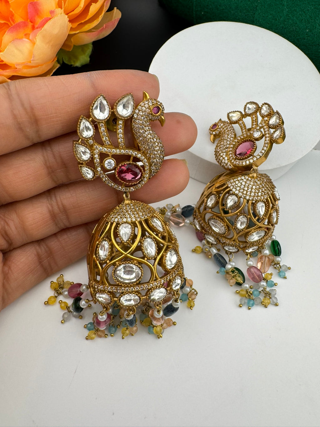 Premium Quality multicolor stones and pearls oversized in Matt Gold is Amrapali inspired designer Jhumka earrings/Indian earring/Bridal
