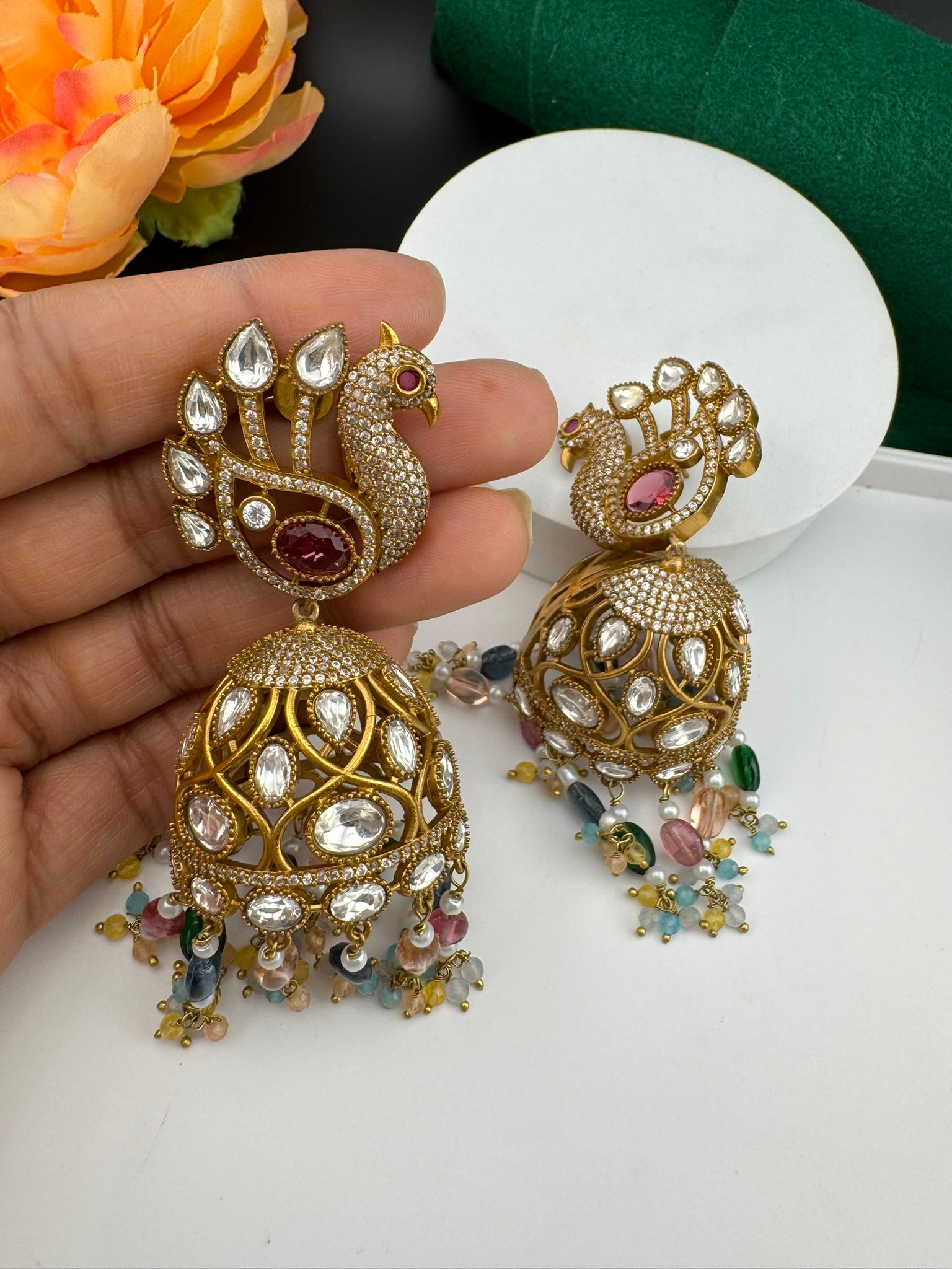 Premium Quality multicolor stones and pearls oversized in Matt Gold is Amrapali inspired designer Jhumka earrings/Indian earring/Bridal