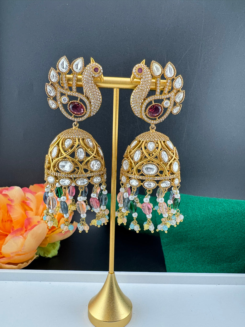 Premium Quality multicolor stones and pearls oversized in Matt Gold is Amrapali inspired designer Jhumka earrings/Indian earring/Bridal