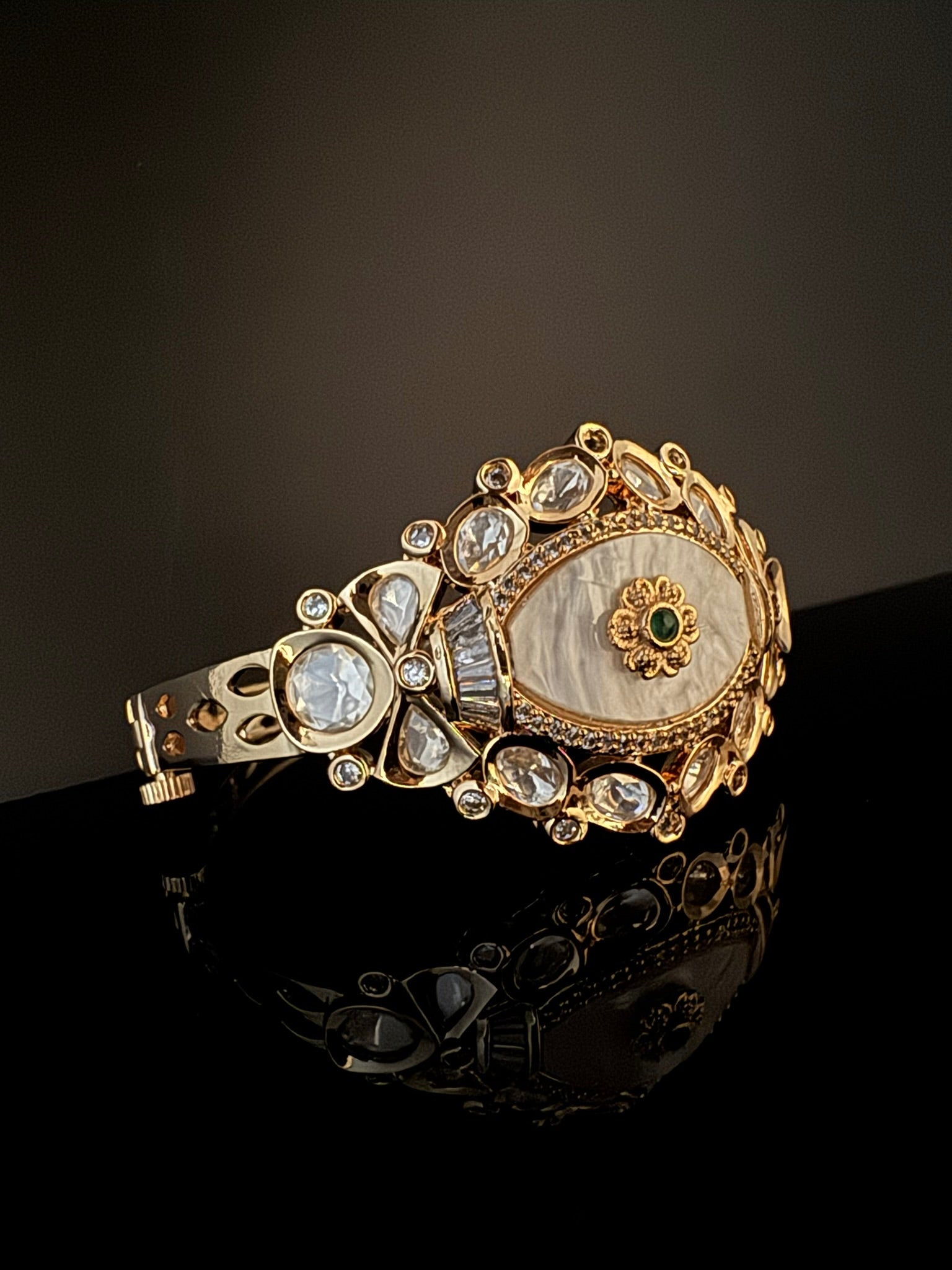 Premium Quality Moissanite Kundan, Mother Of Pearls is Designer inspired Bracelet/Adjustable broad Bracelet/Indian jewelry/Golden Bracelet