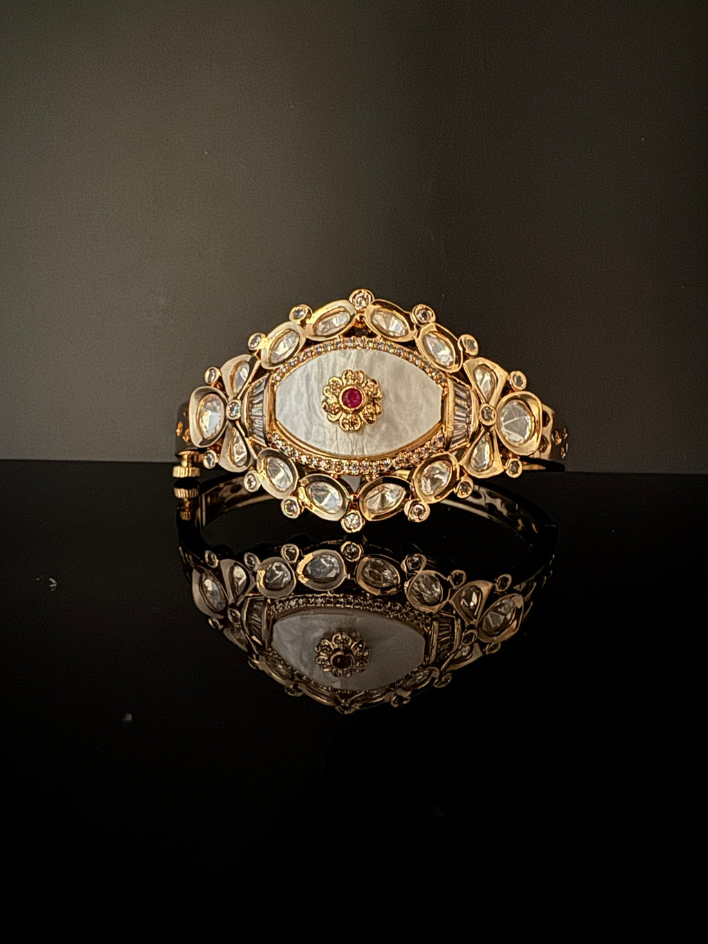 Premium Quality Moissanite Kundan, Mother Of Pearls is Designer inspired Bracelet/Adjustable broad Bracelet/Indian jewelry/Golden Bracelet