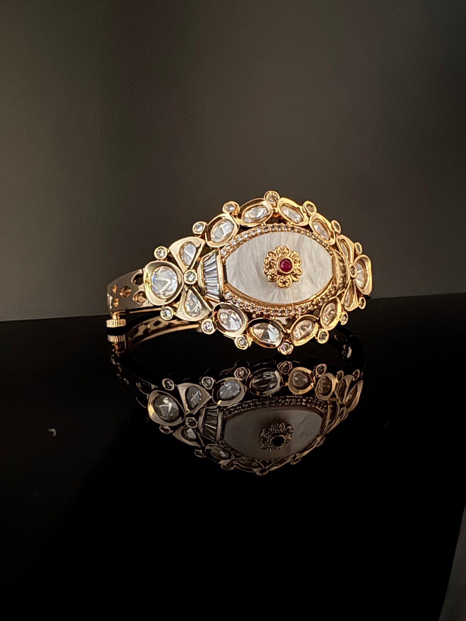 Premium Quality Moissanite Kundan, Mother Of Pearls is Designer inspired Bracelet/Adjustable broad Bracelet/Indian jewelry/Golden Bracelet