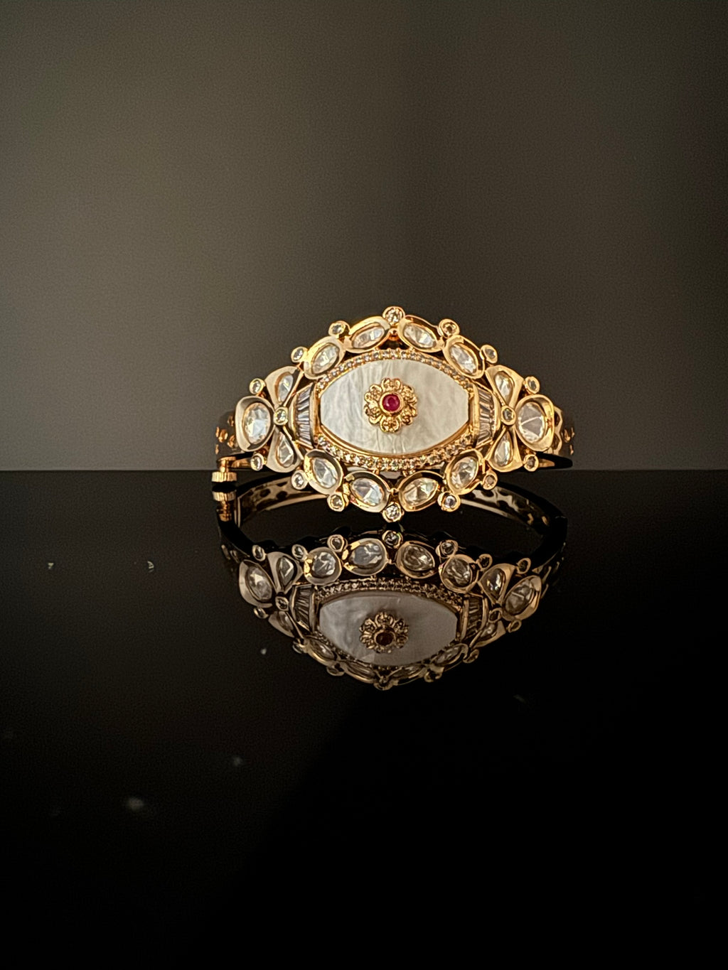 Premium Quality Moissanite Kundan, Mother Of Pearls is Designer inspired Bracelet/Adjustable broad Bracelet/Indian jewelry/Golden Bracelet