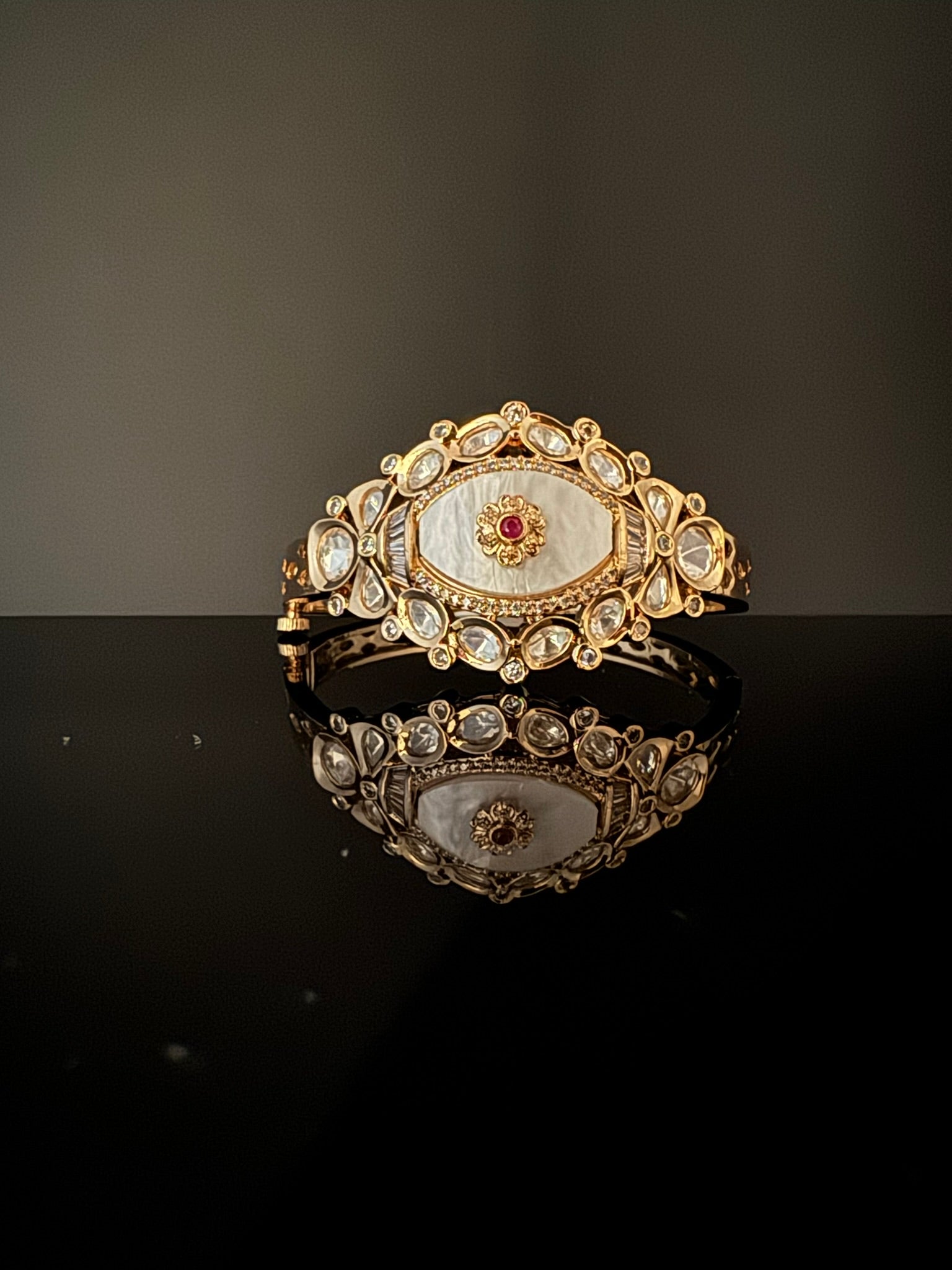 Premium Quality Moissanite Kundan, Mother Of Pearls is Designer inspired Bracelet/Adjustable broad Bracelet/Indian jewelry/Golden Bracelet