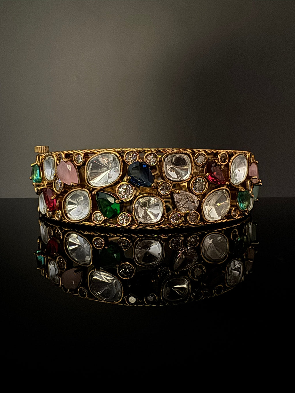 Premium Quality Moissanite Kundan, cubic zirconia and Crystal stones Openable Bracelet Bangle/Indian jewelry/Golden Bracelet Bangle