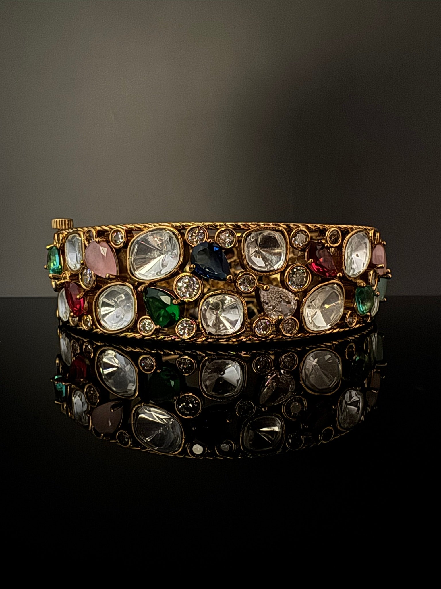 Premium Quality Moissanite Kundan, cubic zirconia and Crystal stones Openable Bracelet Bangle/Indian jewelry/Golden Bracelet Bangle