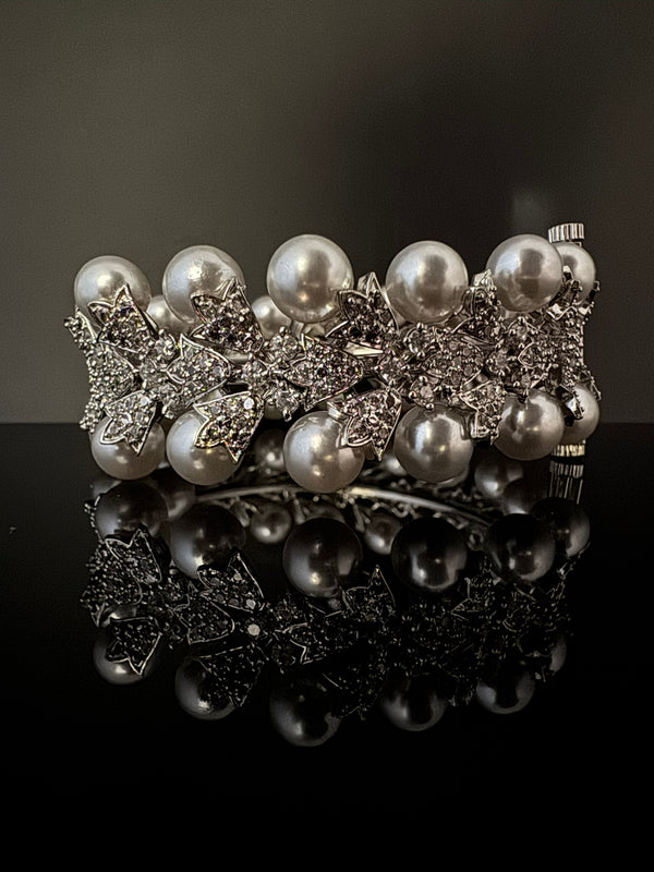 Premium Silver Color Bracelet with Pearls, Cubic Zirconia Openable is Designer inspired Bracelet bangles/Indian Kada/Wedding jewelry/Bangle