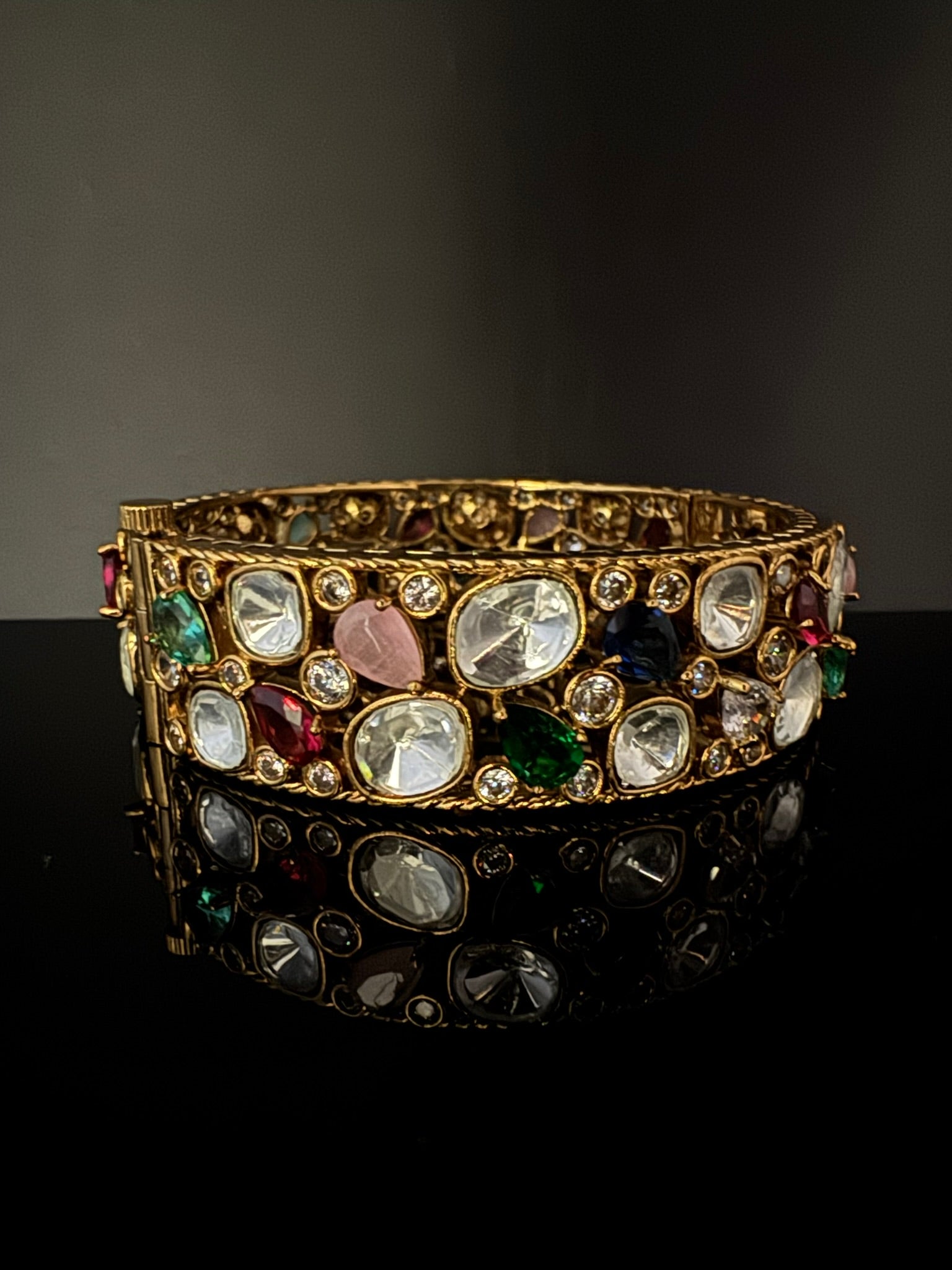 Premium Quality Moissanite Kundan, cubic zirconia and Crystal stones Openable Bracelet Bangle/Indian jewelry/Golden Bracelet Bangle