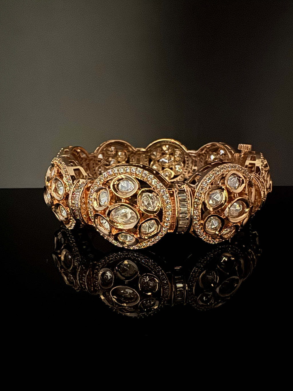 Premium Quality Moissanite Kundan Tyaani inspired Designer Openable Bracelet/Adjustable broad Bracelet Bangle/Indian jewelry/Golden Bracelet