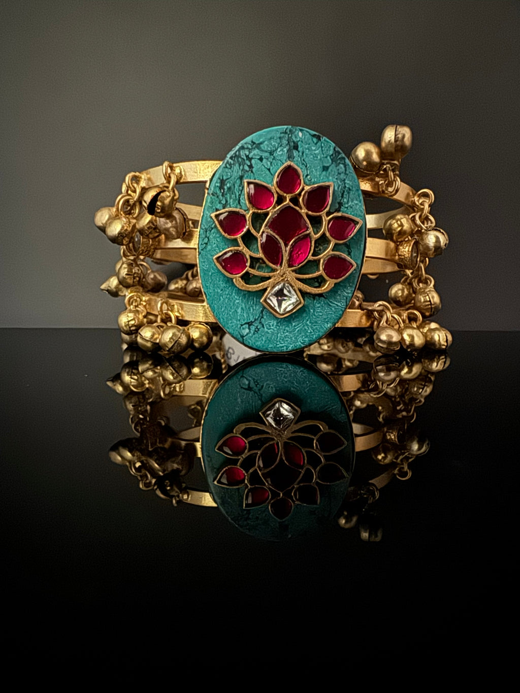 Premium Quality Matt Gold cuff in Turquoise stone, pachi kundan, Ghungroo Open Cuff Bracelet Bangle/Indian jewelry/Golden Bracelet Bangle