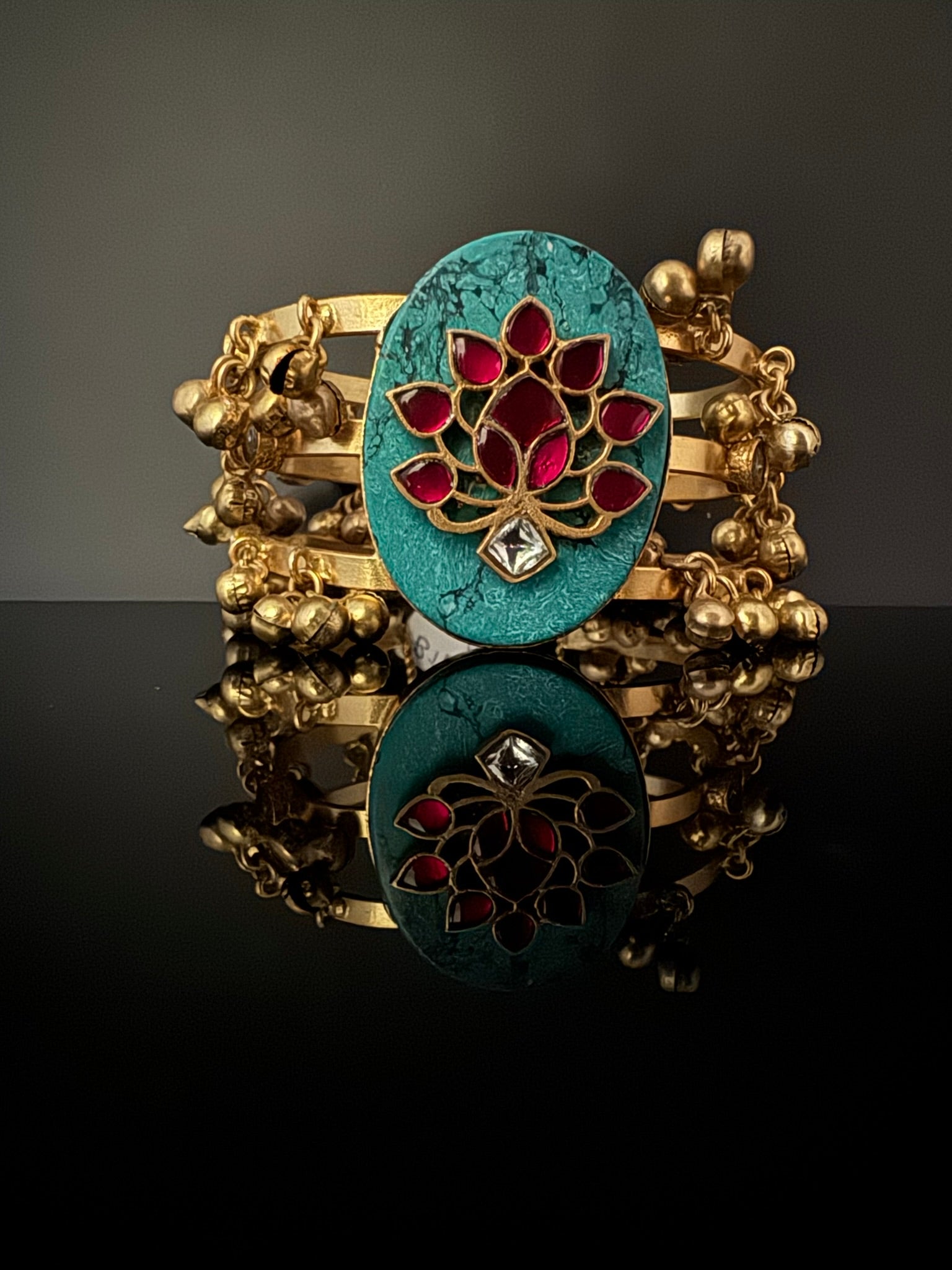 Premium Quality Matt Gold cuff in Turquoise stone, pachi kundan, Ghungroo Open Cuff Bracelet Bangle/Indian jewelry/Golden Bracelet Bangle