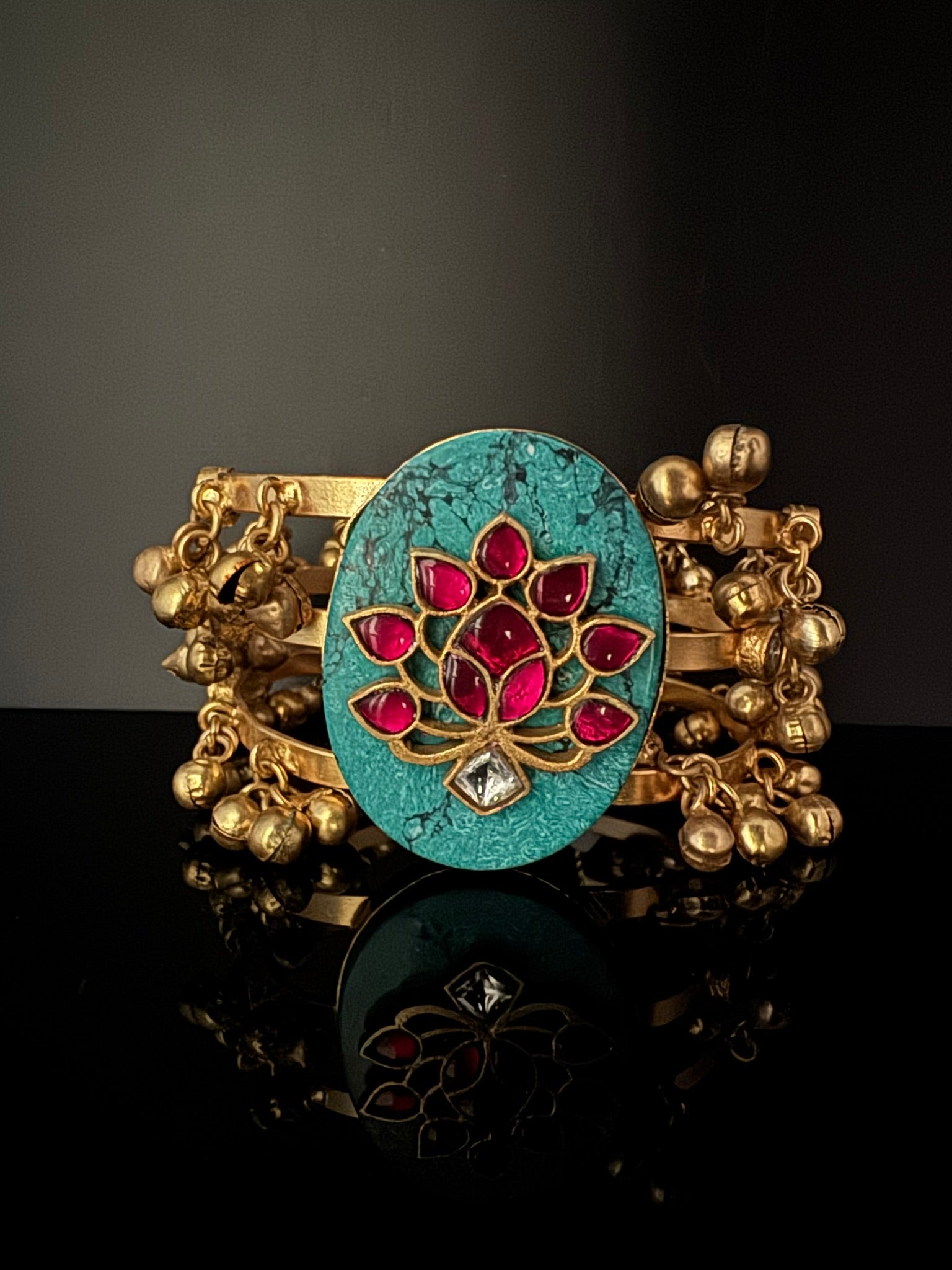 Premium Quality Matt Gold cuff in Turquoise stone, pachi kundan, Ghungroo Open Cuff Bracelet Bangle/Indian jewelry/Golden Bracelet Bangle