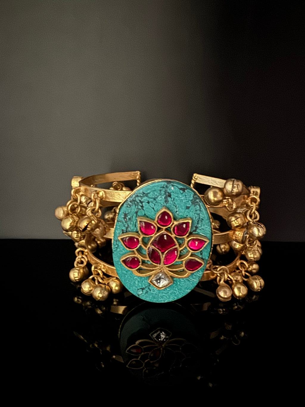 Premium Quality Matt Gold cuff in Turquoise stone, pachi kundan, Ghungroo Open Cuff Bracelet Bangle/Indian jewelry/Golden Bracelet Bangle