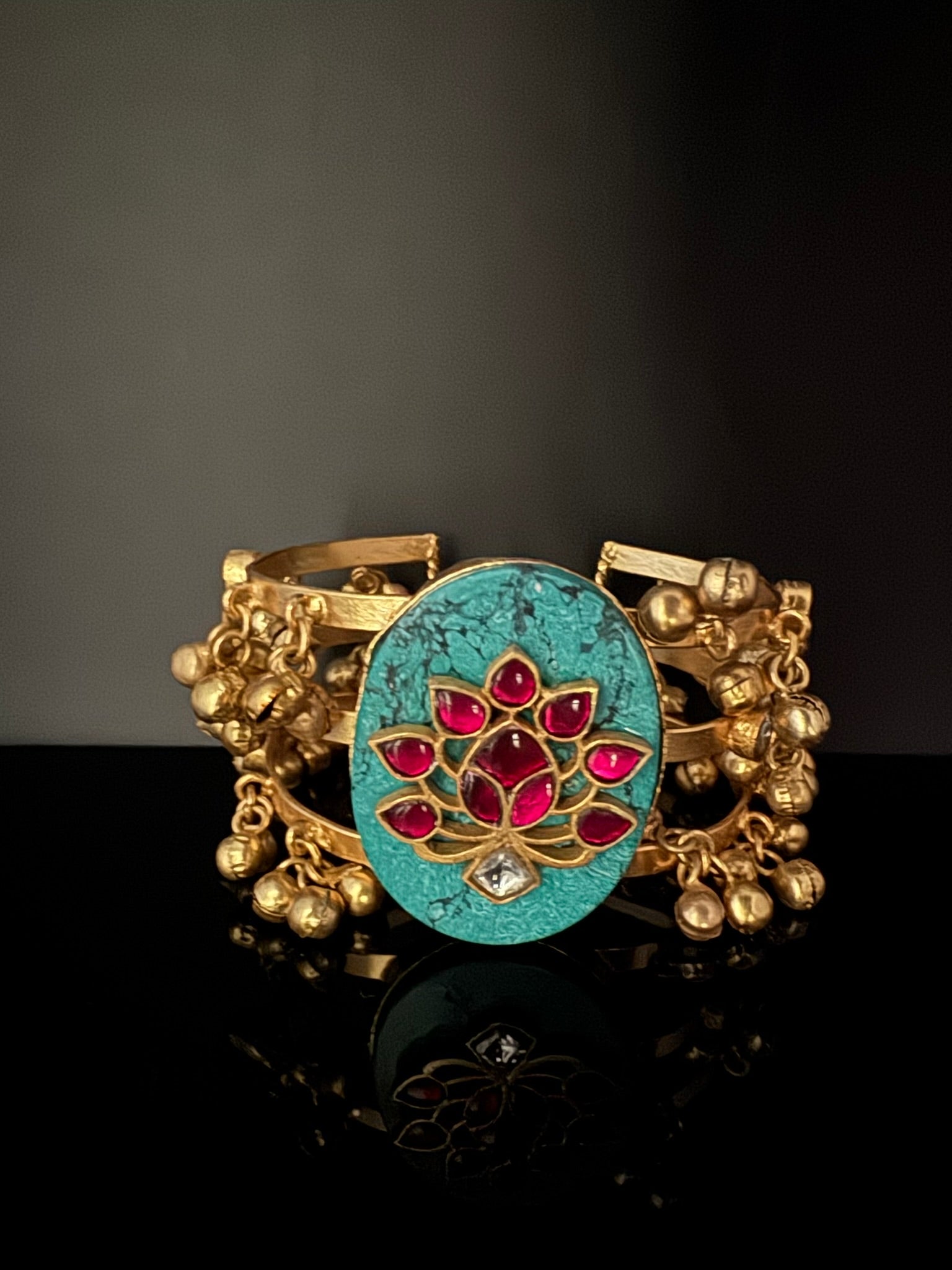 Premium Quality Matt Gold cuff in Turquoise stone, pachi kundan, Ghungroo Open Cuff Bracelet Bangle/Indian jewelry/Golden Bracelet Bangle
