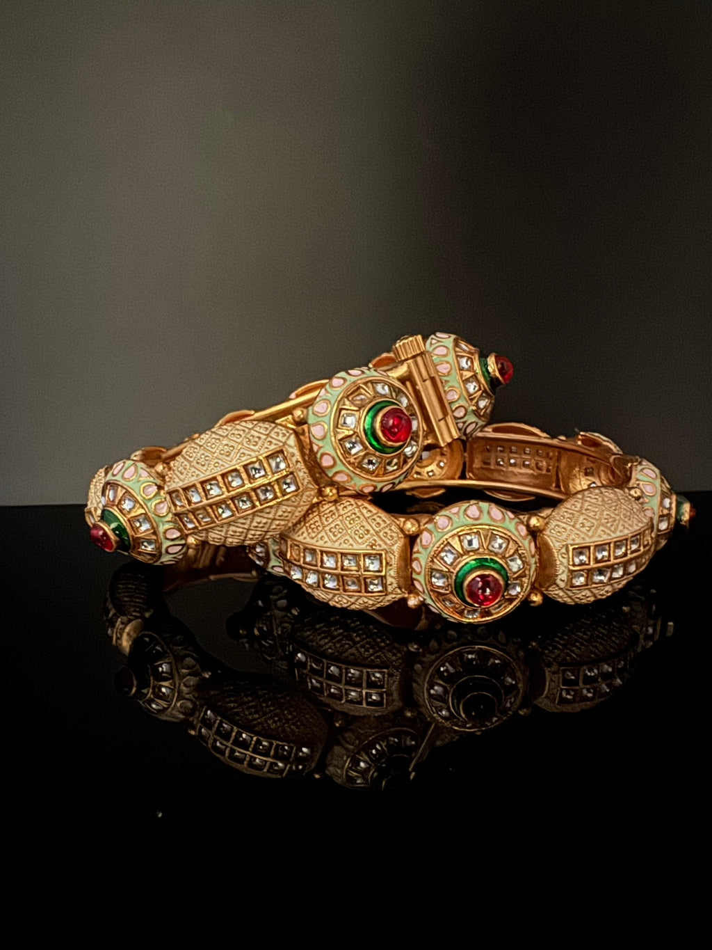 Openable Matt Gold, Enamel, Kundan kada is Amrapali inspired Designer bangles set/Indian Kada/Temple jewelry/Rajwadi Bangle/Size 2.4" & 2.8"