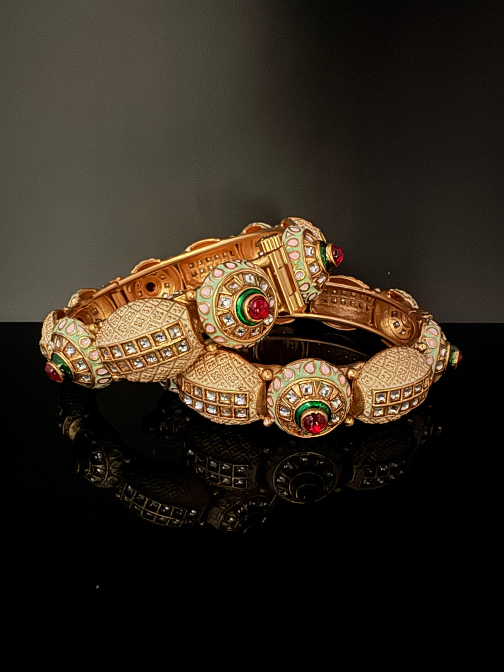 Openable Matt Gold, Enamel, Kundan kada is Amrapali inspired Designer bangles set/Indian Kada/Temple jewelry/Rajwadi Bangle/Size 2.4" & 2.8"
