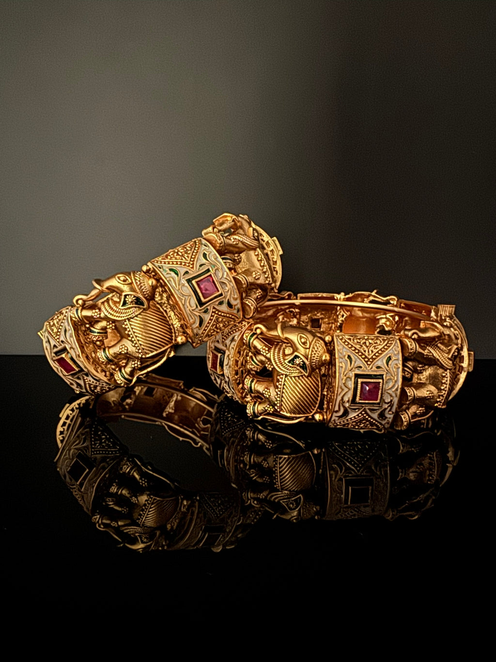 Openable Matt Gold, Enamel, Kundan kada is Amrapali inspired Designer bangles set/Indian Kada/Temple jewelry/Rajwadi Bangle/Size 2.4" & 2.6"