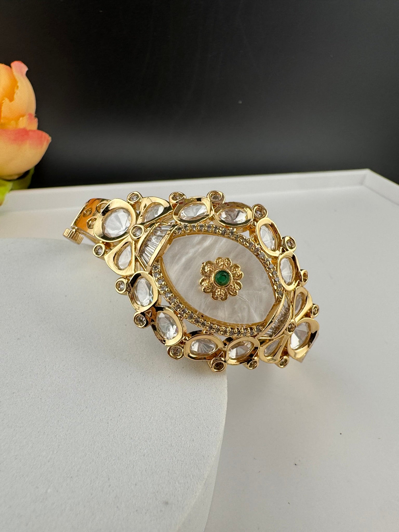 Premium Quality Moissanite Kundan, Mother Of Pearls is Designer inspired Bracelet/Adjustable broad Bracelet/Indian jewelry/Golden Bracelet