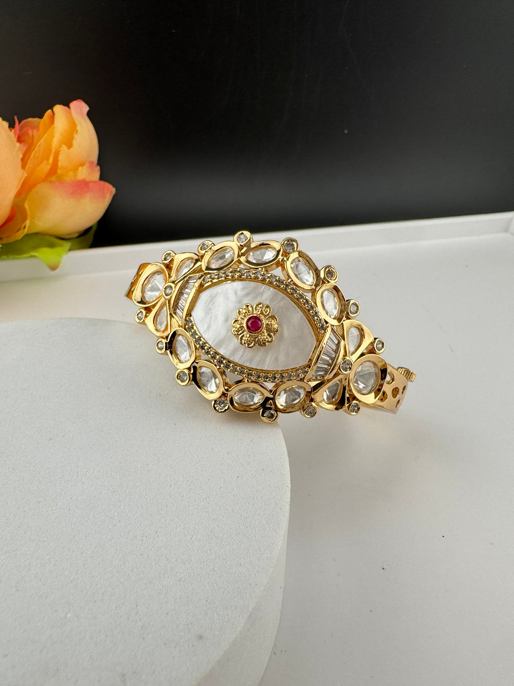 Premium Quality Moissanite Kundan, Mother Of Pearls is Designer inspired Bracelet/Adjustable broad Bracelet/Indian jewelry/Golden Bracelet