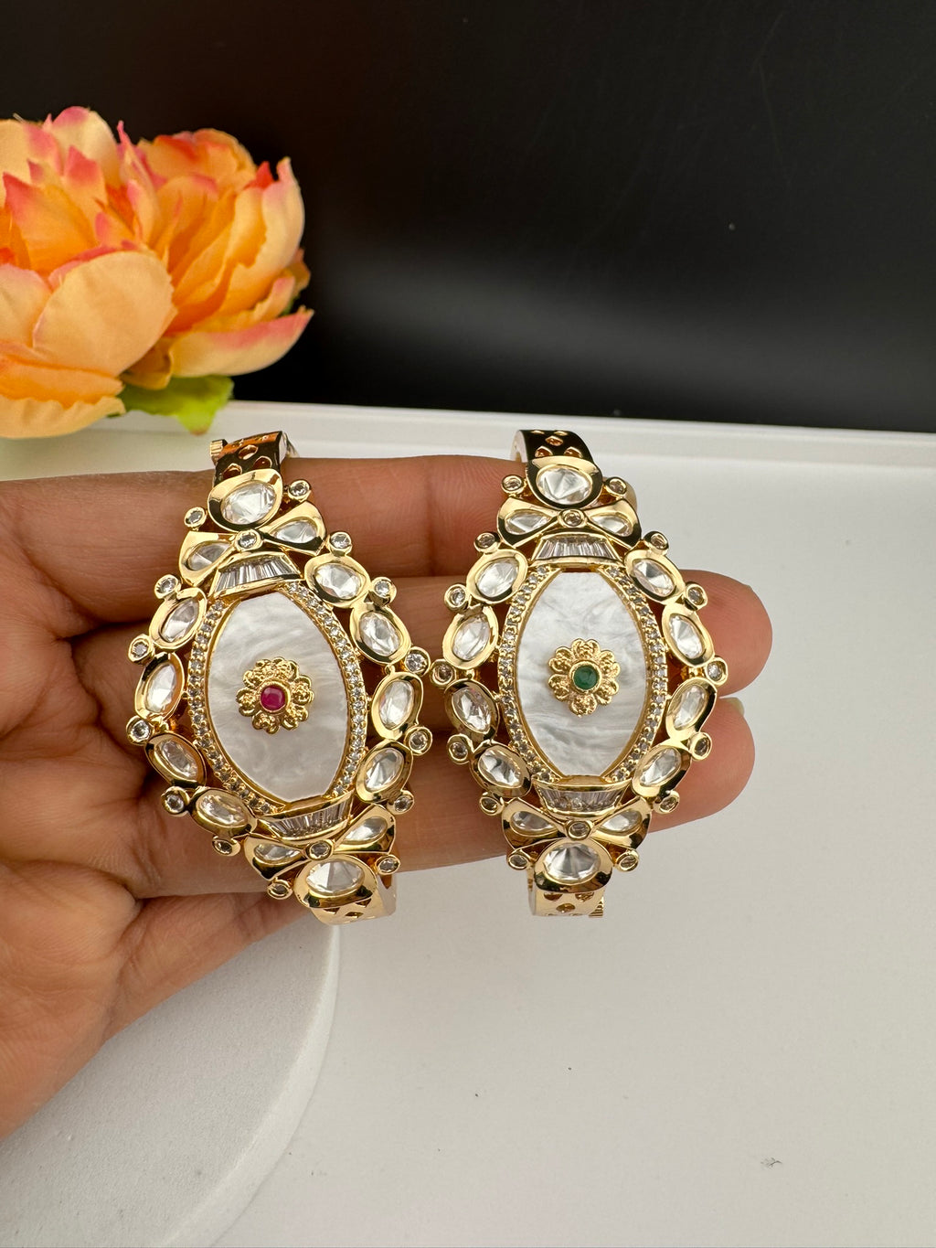 Premium Quality Moissanite Kundan, Mother Of Pearls is Designer inspired Bracelet/Adjustable broad Bracelet/Indian jewelry/Golden Bracelet