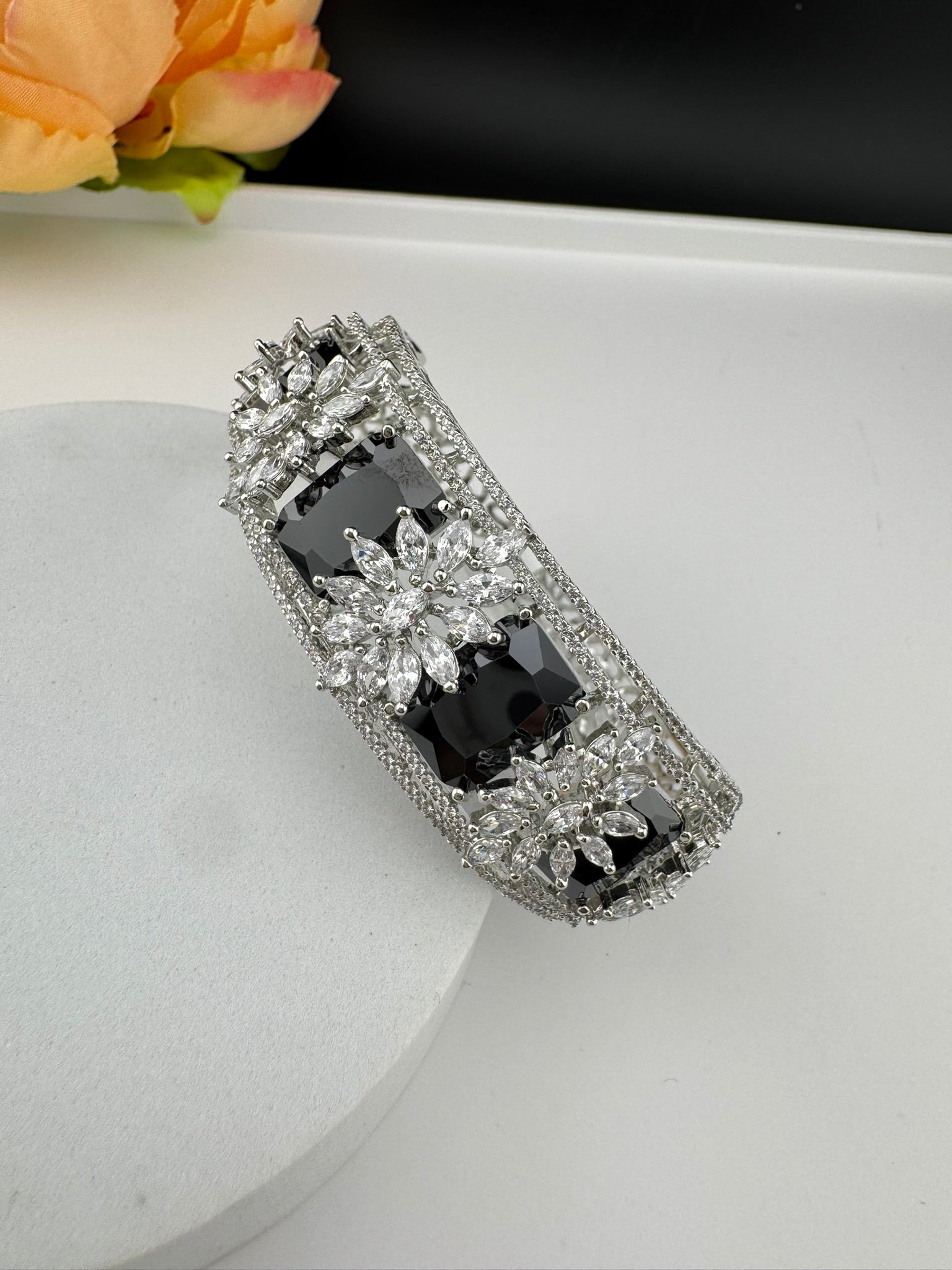 Premium Silver color Openable Designer bracelet with crystal stones, Cubic Zirconia in unique Designer setting/single bangle/Bracelet Bangle