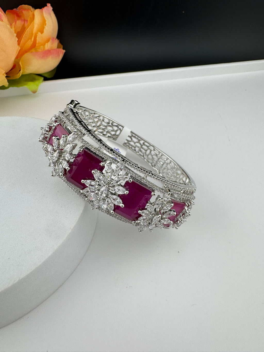 Premium Silver color Openable Designer bracelet with crystal stones, Cubic Zirconia in unique Designer setting/single bangle/Bracelet Bangle