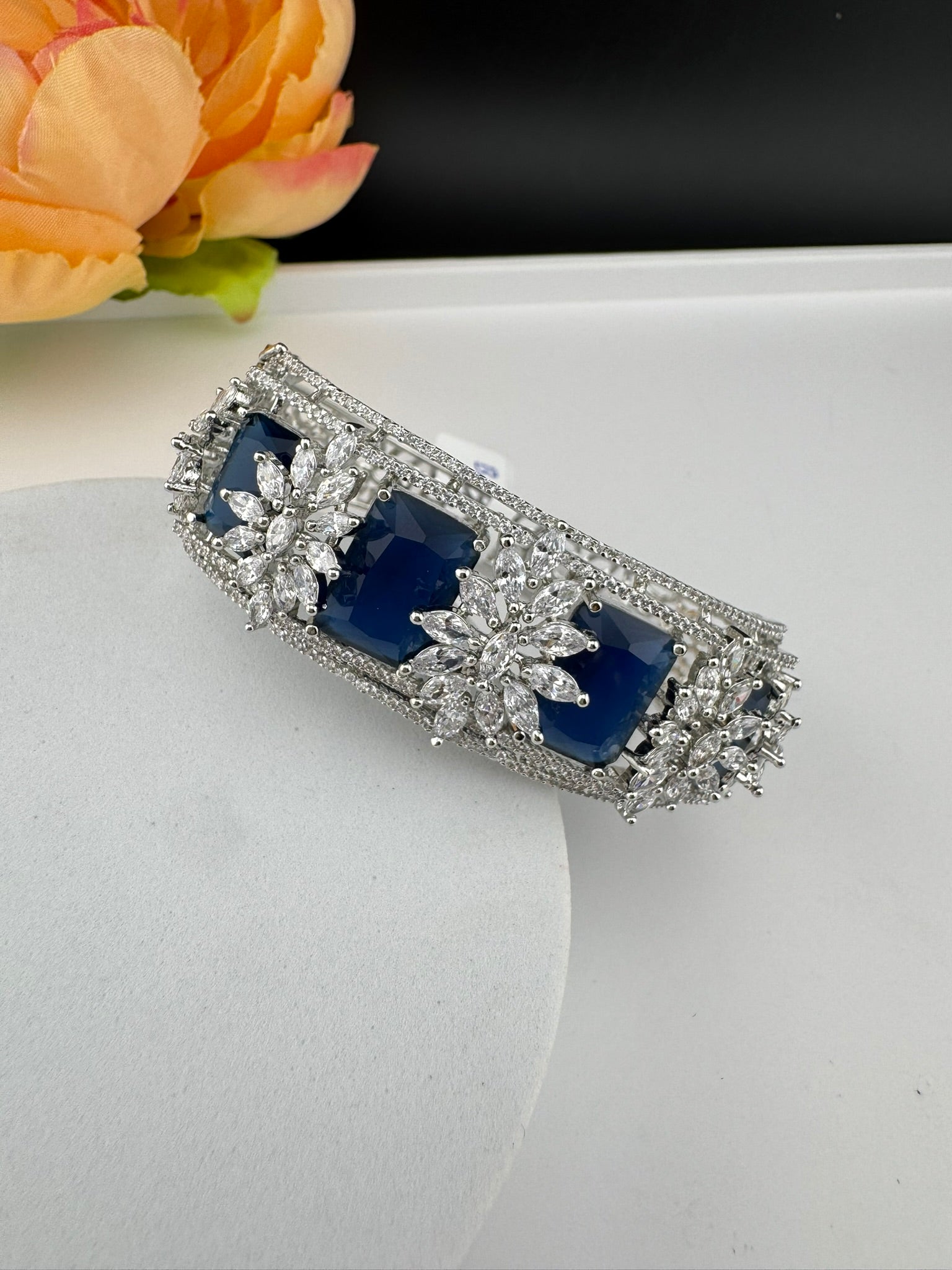 Premium Silver color Openable Designer bracelet with crystal stones, Cubic Zirconia in unique Designer setting/single bangle/Bracelet Bangle