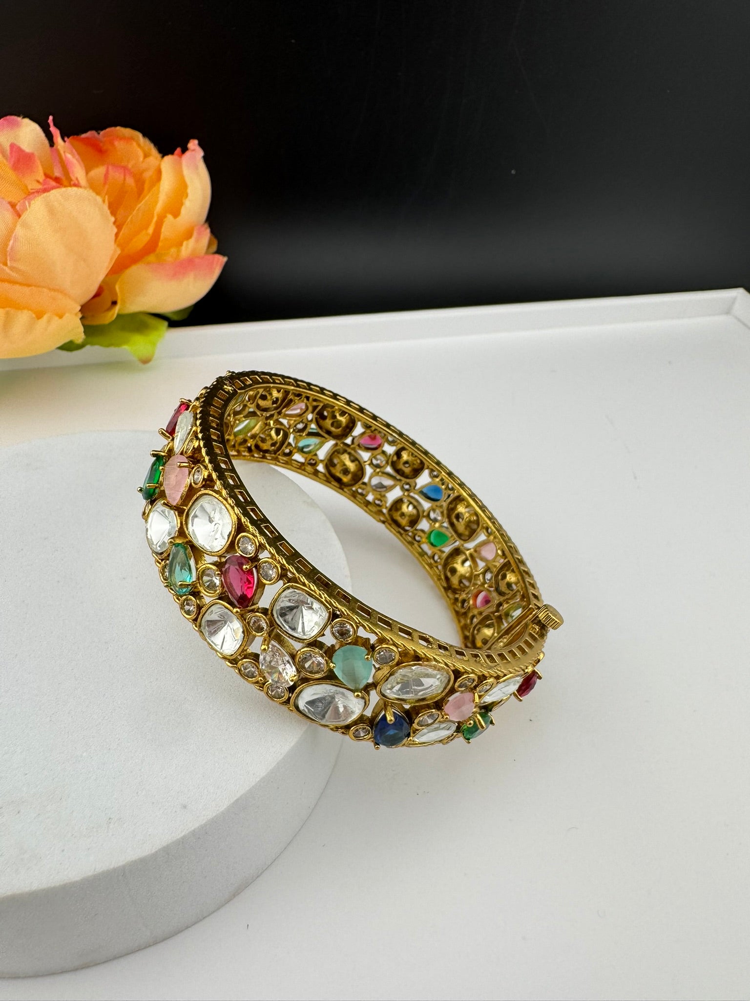 Premium Quality Moissanite Kundan, cubic zirconia and Crystal stones Openable Bracelet Bangle/Indian jewelry/Golden Bracelet Bangle