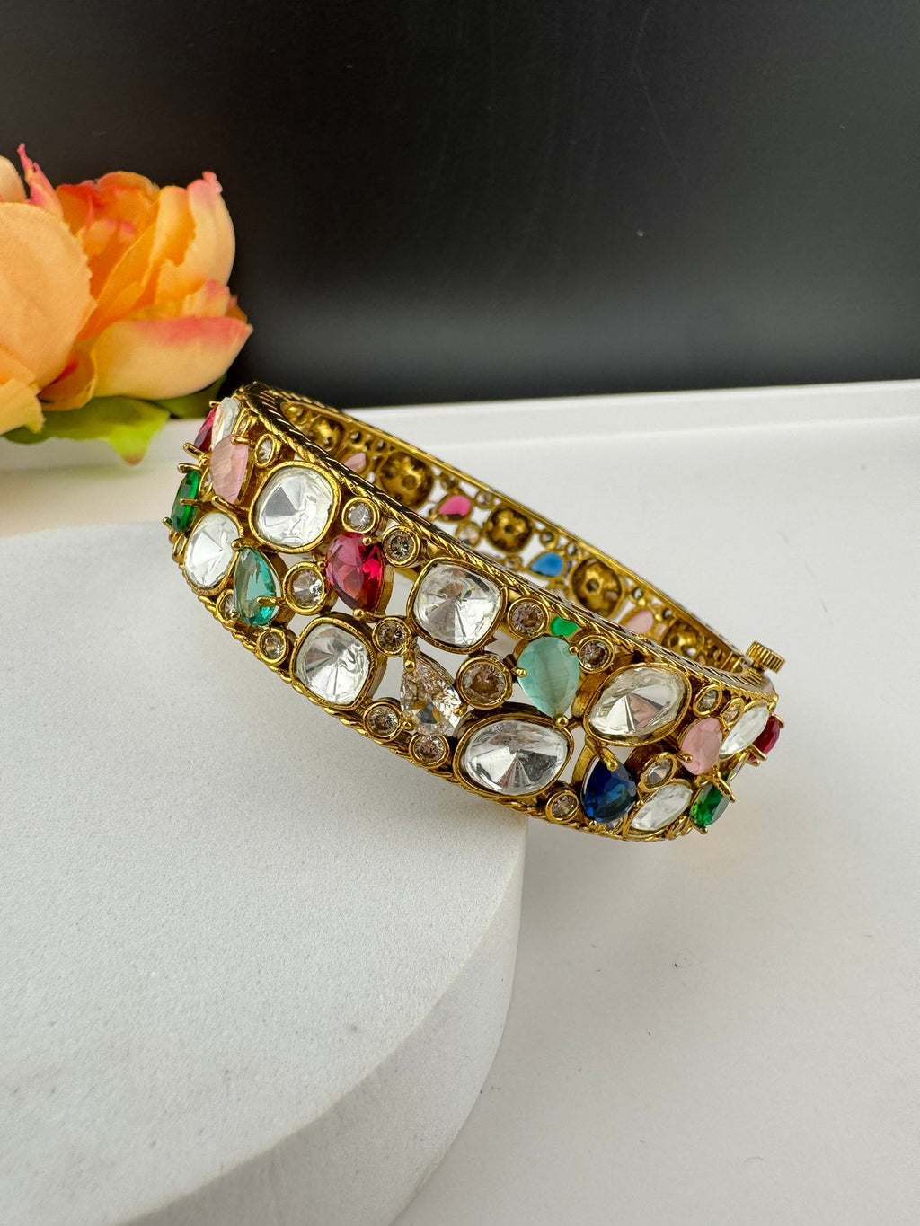 Premium Quality Moissanite Kundan, cubic zirconia and Crystal stones Openable Bracelet Bangle/Indian jewelry/Golden Bracelet Bangle