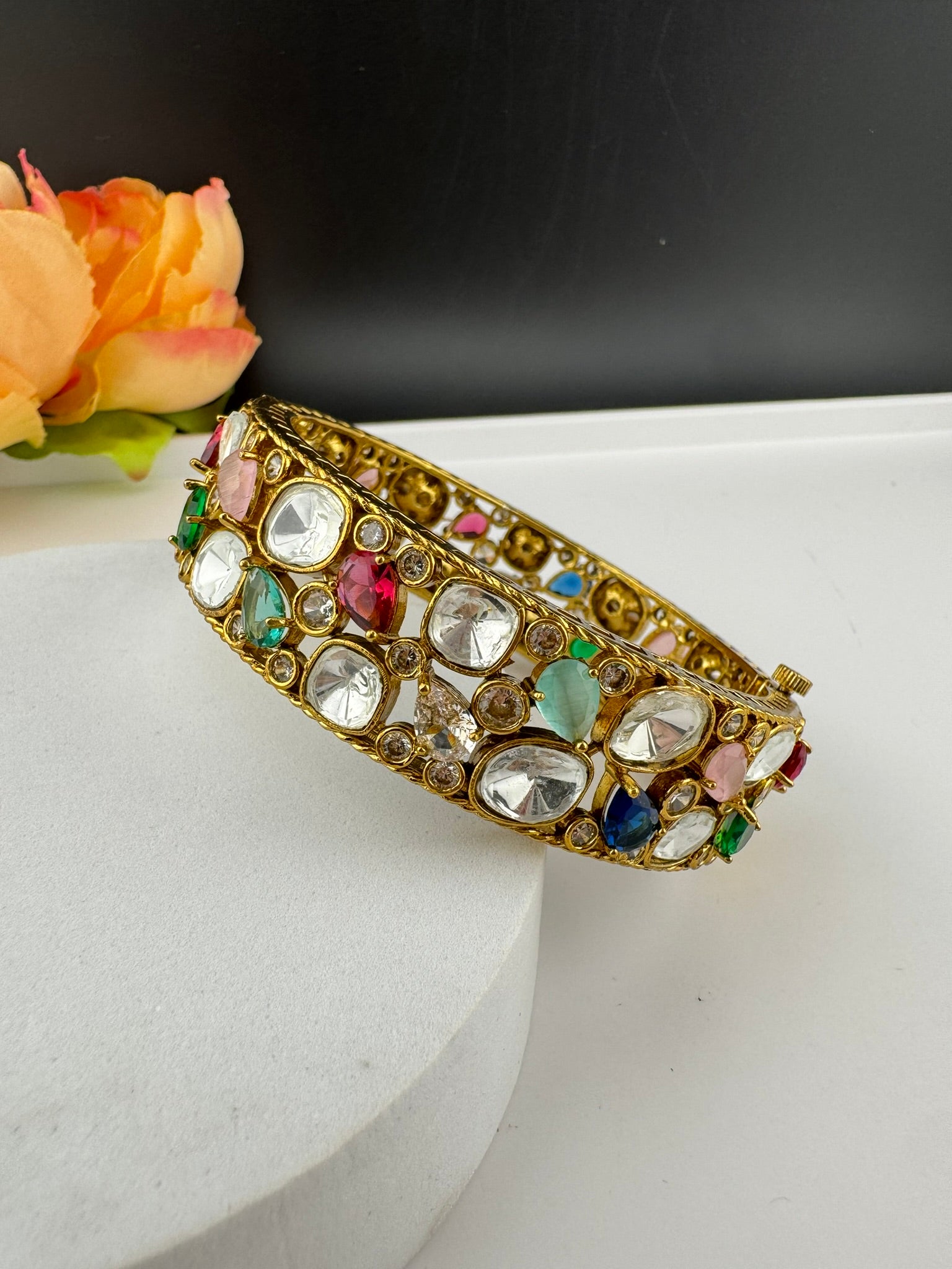 Premium Quality Moissanite Kundan, cubic zirconia and Crystal stones Openable Bracelet Bangle/Indian jewelry/Golden Bracelet Bangle