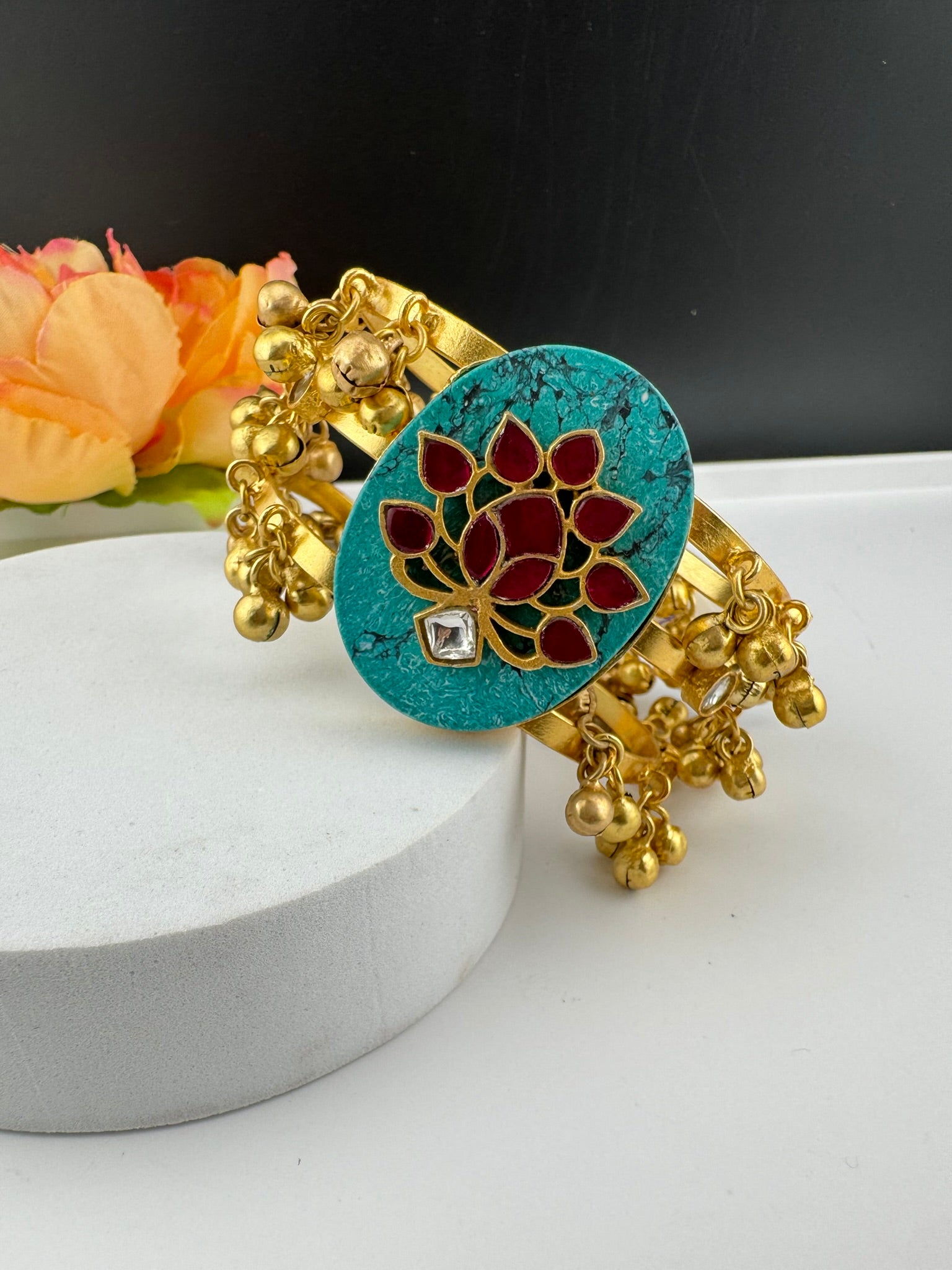 Premium Quality Matt Gold cuff in Turquoise stone, pachi kundan, Ghungroo Open Cuff Bracelet Bangle/Indian jewelry/Golden Bracelet Bangle