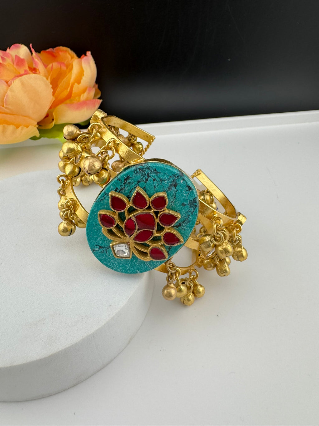 Premium Quality Matt Gold cuff in Turquoise stone, pachi kundan, Ghungroo Open Cuff Bracelet Bangle/Indian jewelry/Golden Bracelet Bangle