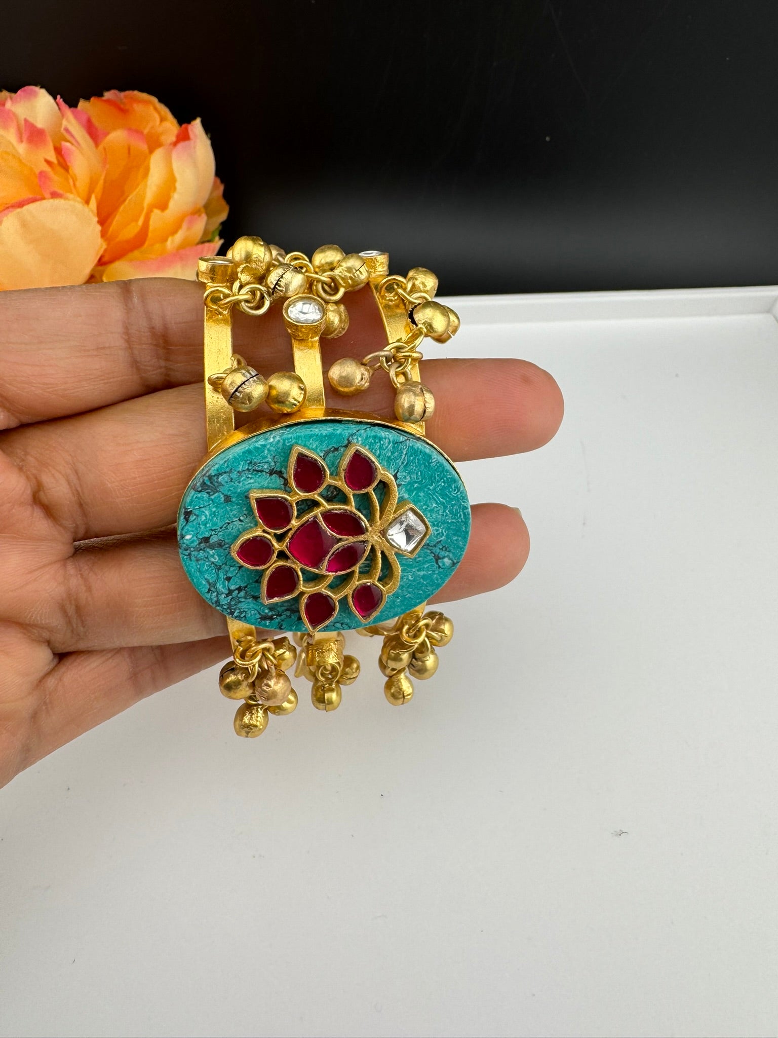 Premium Quality Matt Gold cuff in Turquoise stone, pachi kundan, Ghungroo Open Cuff Bracelet Bangle/Indian jewelry/Golden Bracelet Bangle