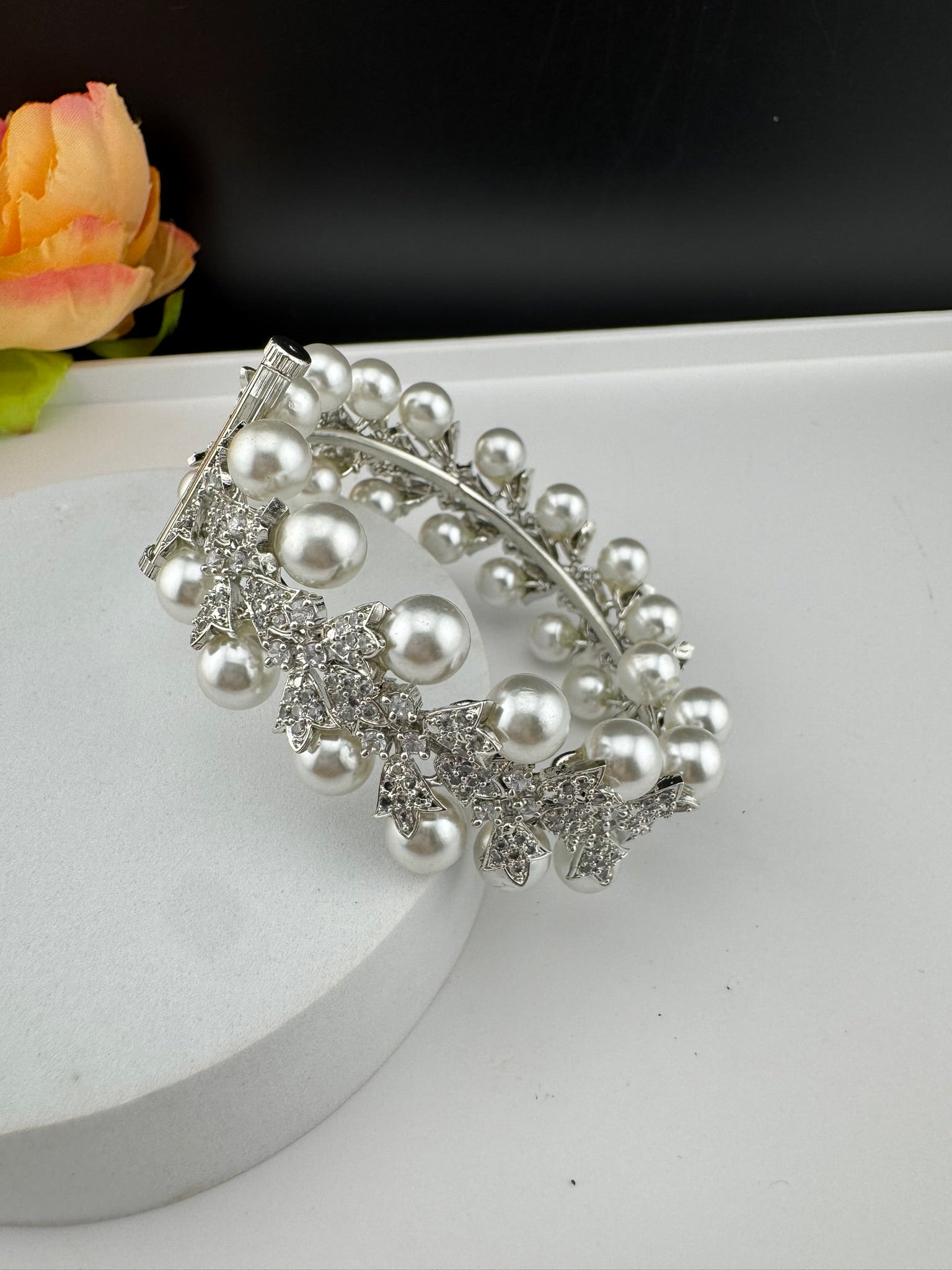 Premium Silver Color Bracelet with Pearls, Cubic Zirconia Openable is Designer inspired Bracelet bangles/Indian Kada/Wedding jewelry/Bangle