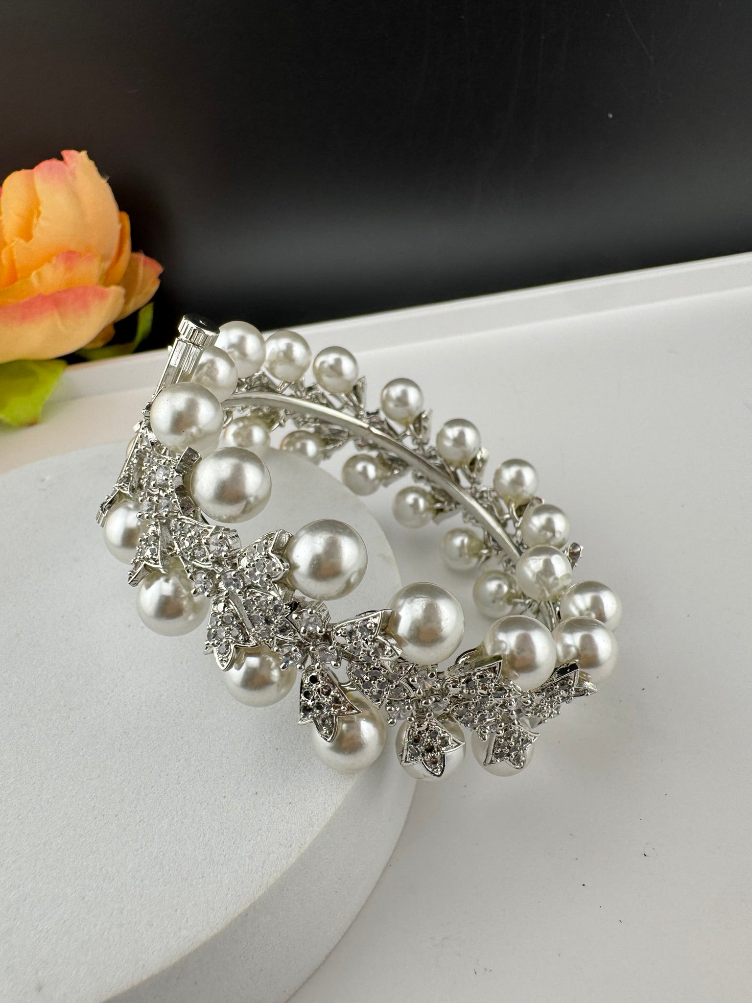 Premium Silver Color Bracelet with Pearls, Cubic Zirconia Openable is Designer inspired Bracelet bangles/Indian Kada/Wedding jewelry/Bangle